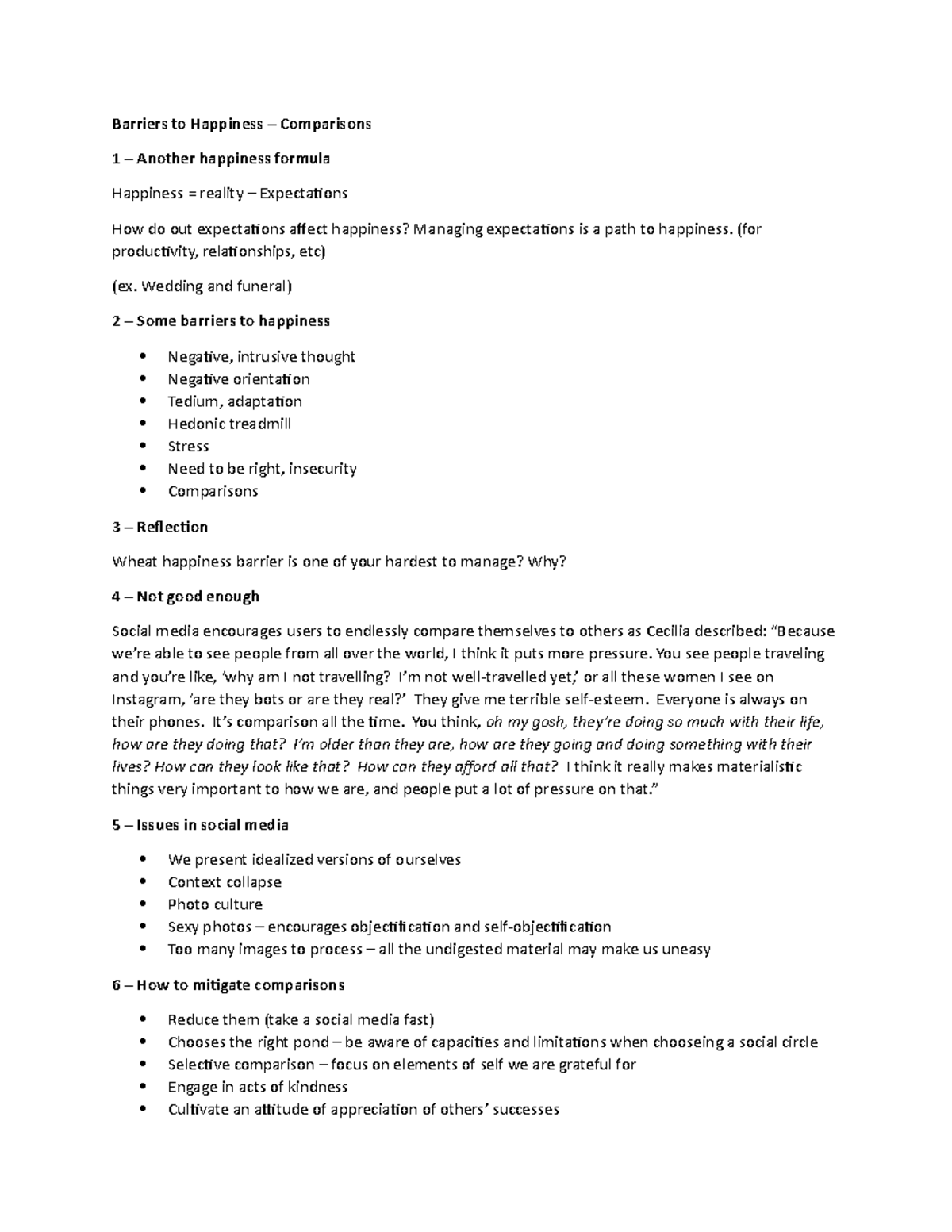 Lecture 5 Notes - B. Barton - Barriers to Happiness – Comparisons 1 ...