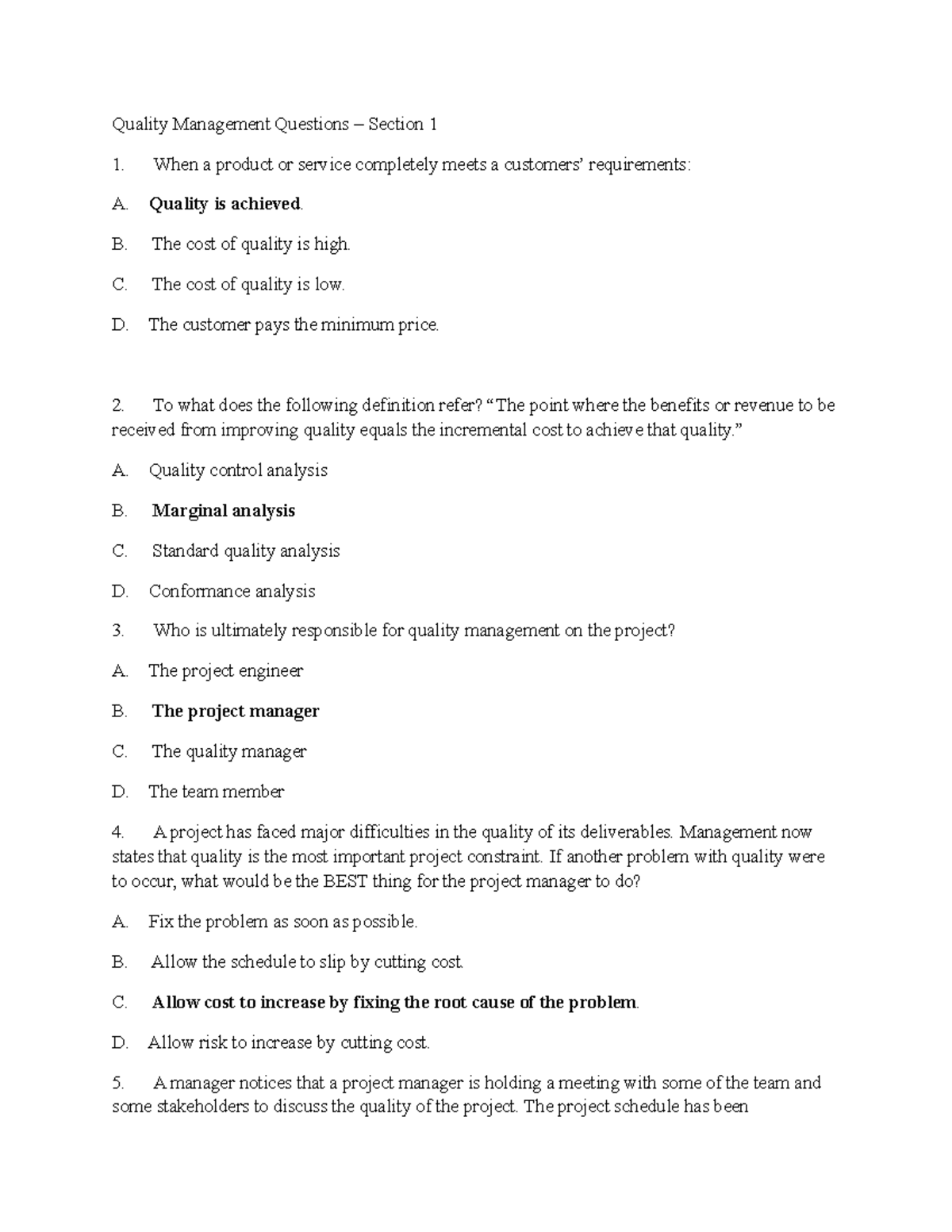 QI MCQ 4 - Assessment - Quality Management Questions – Section 1 When a ...