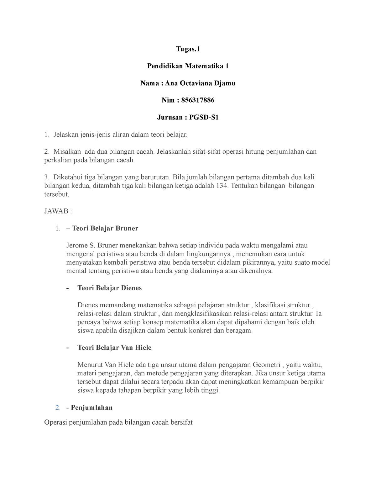 Tugas 1 Pendidikan Matematika ANA - Tugas. Pendidikan Matematika 1 Nama ...