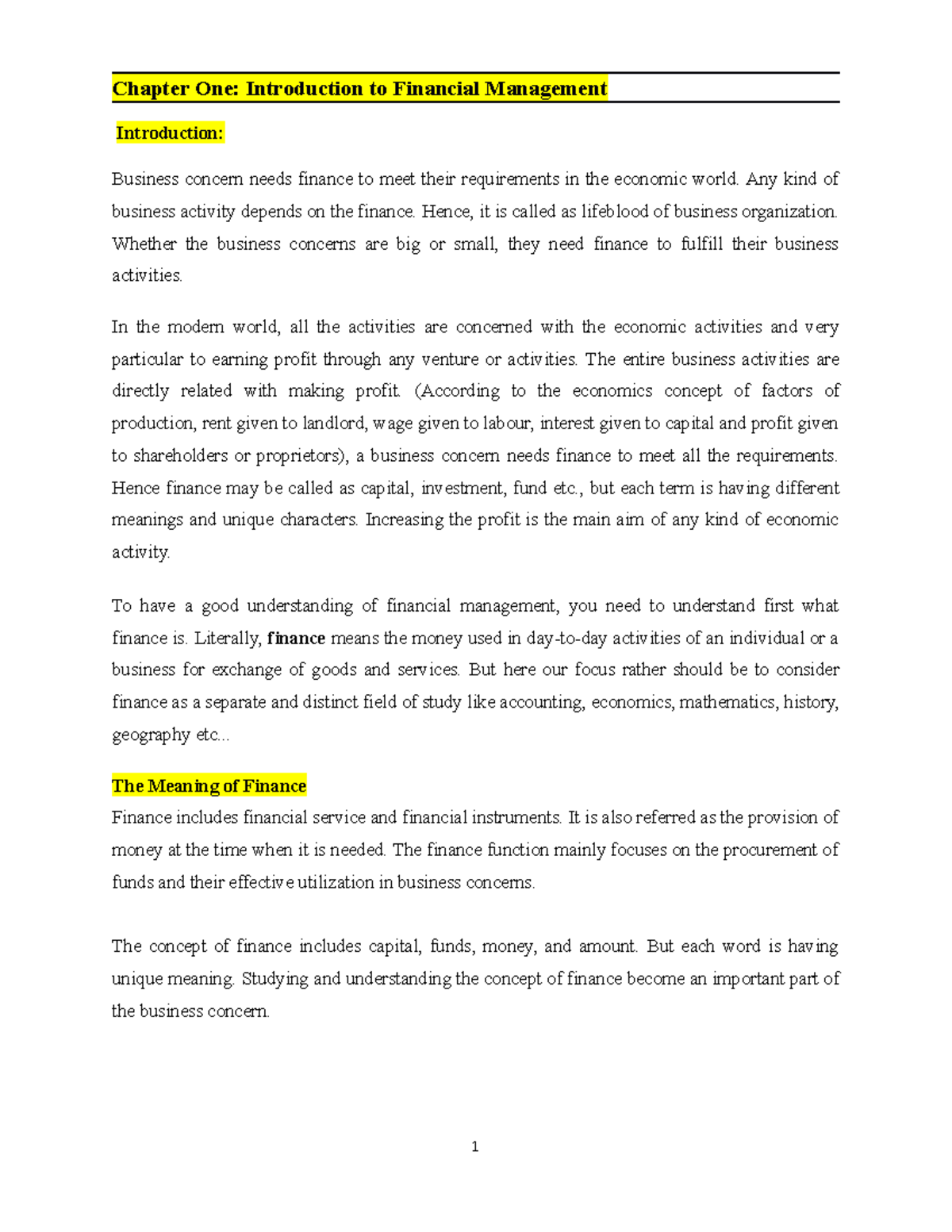 FM I - Chapter One Note - Lecture notes 1 - Financieel Management - Studocu