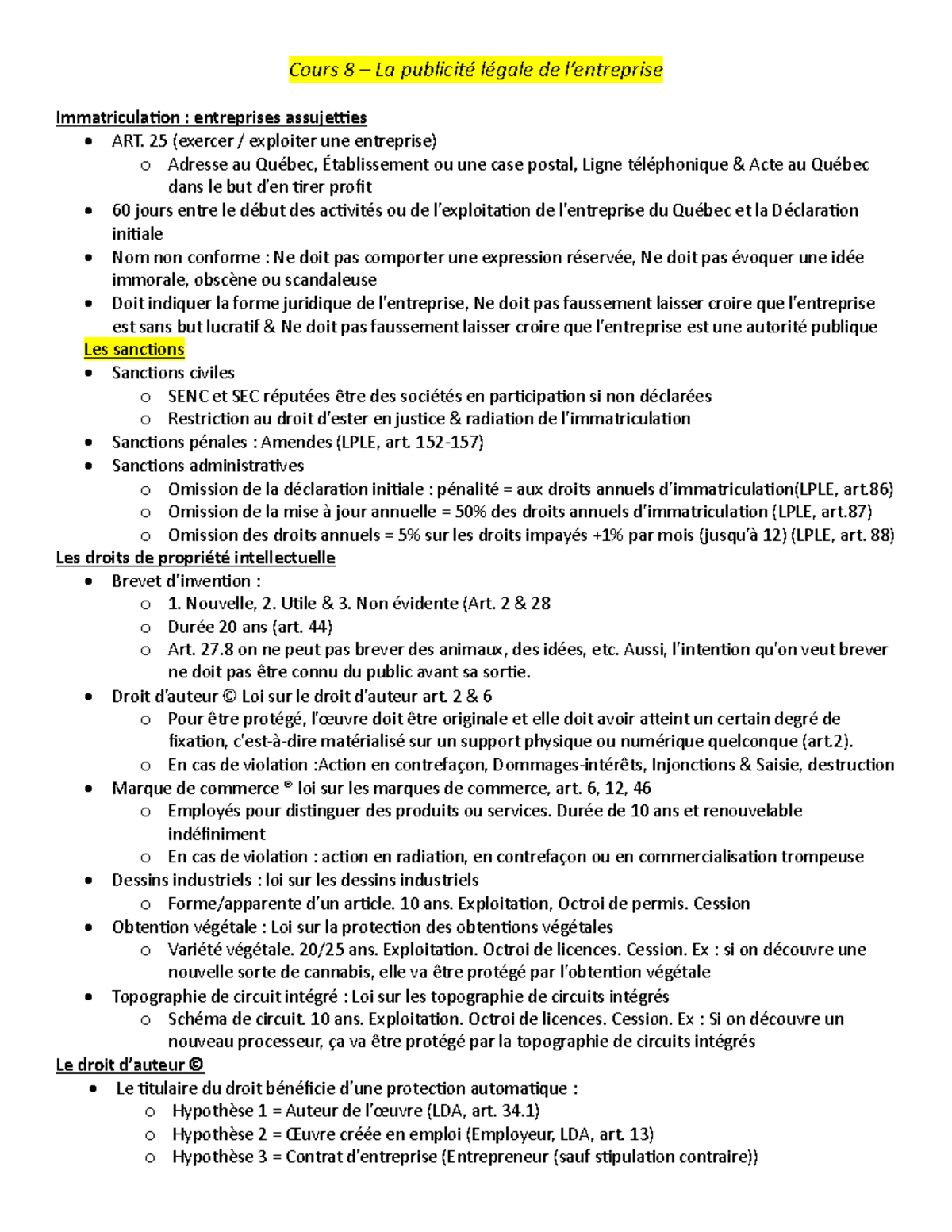 Notes Examen Droit - Cours 8 – La publicité légale de l’entreprise ...