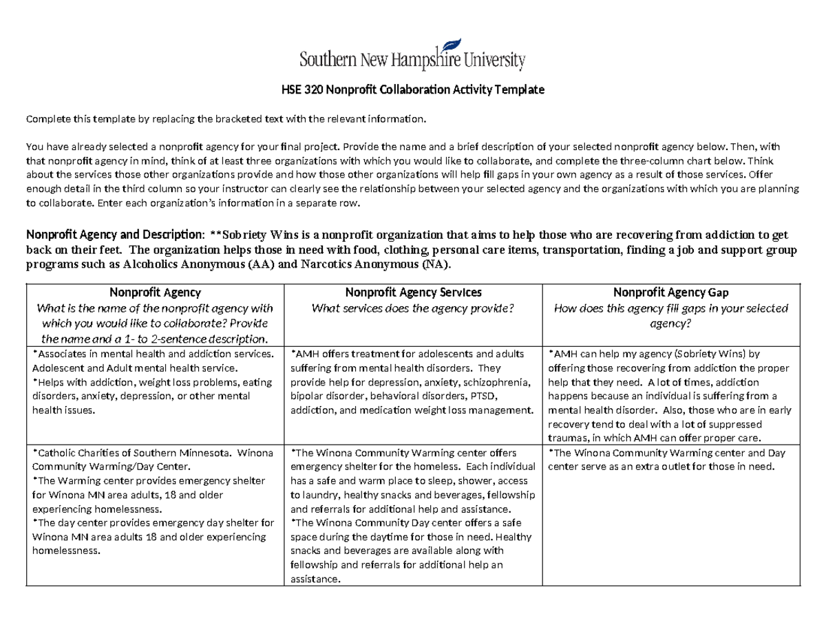 HSE 320 Nonprofit Collaboration Activity Template - HSE 320 Nonprofit ...