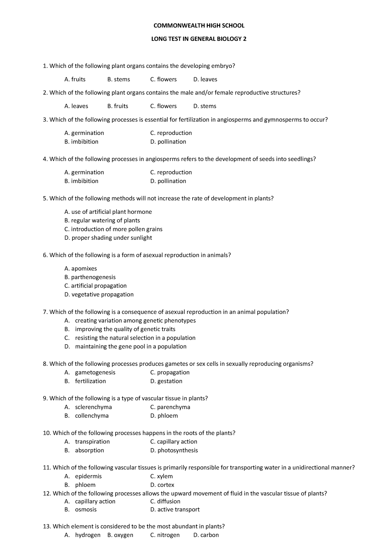 Lt In Gen Bio 2 - Examination - Commonwealth High School Long Test In 