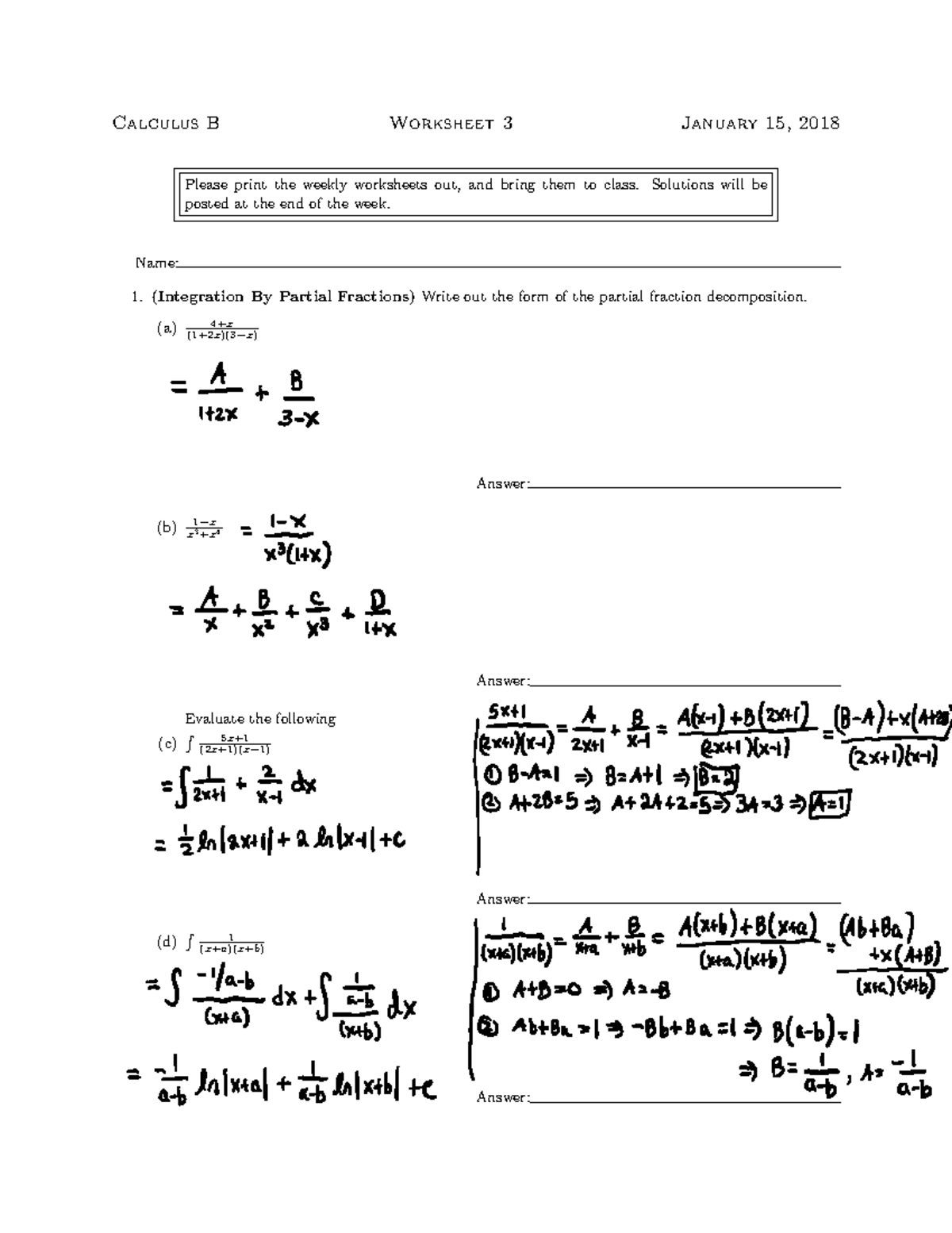 Worksheet 2+ 3 - Calculus B Worksheet 3 January 15, 2018 Please print ...
