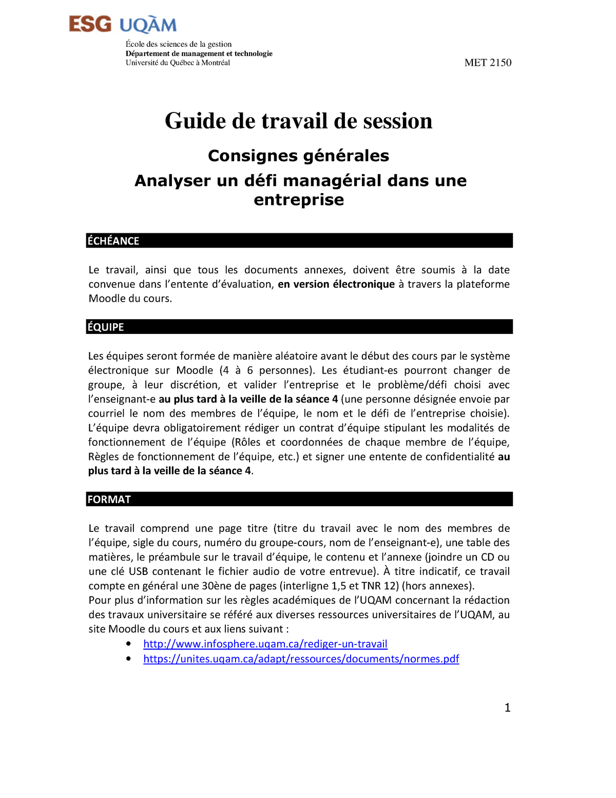 Met2150 Guide Du Travail De Session Ecole Des Sciences De La Gestion Departement De Management Studocu