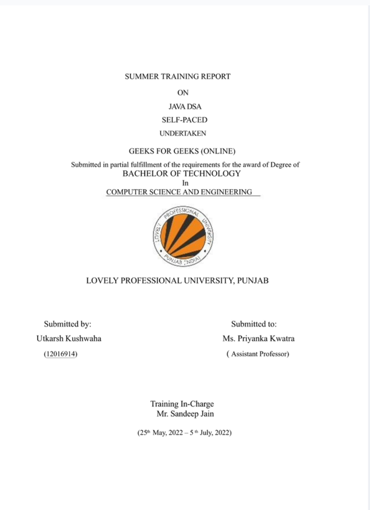 Myfile 1 Isa SUMMER TRAINING REPORT ON JAVA DSA UNDERTAKEN GEEKS 