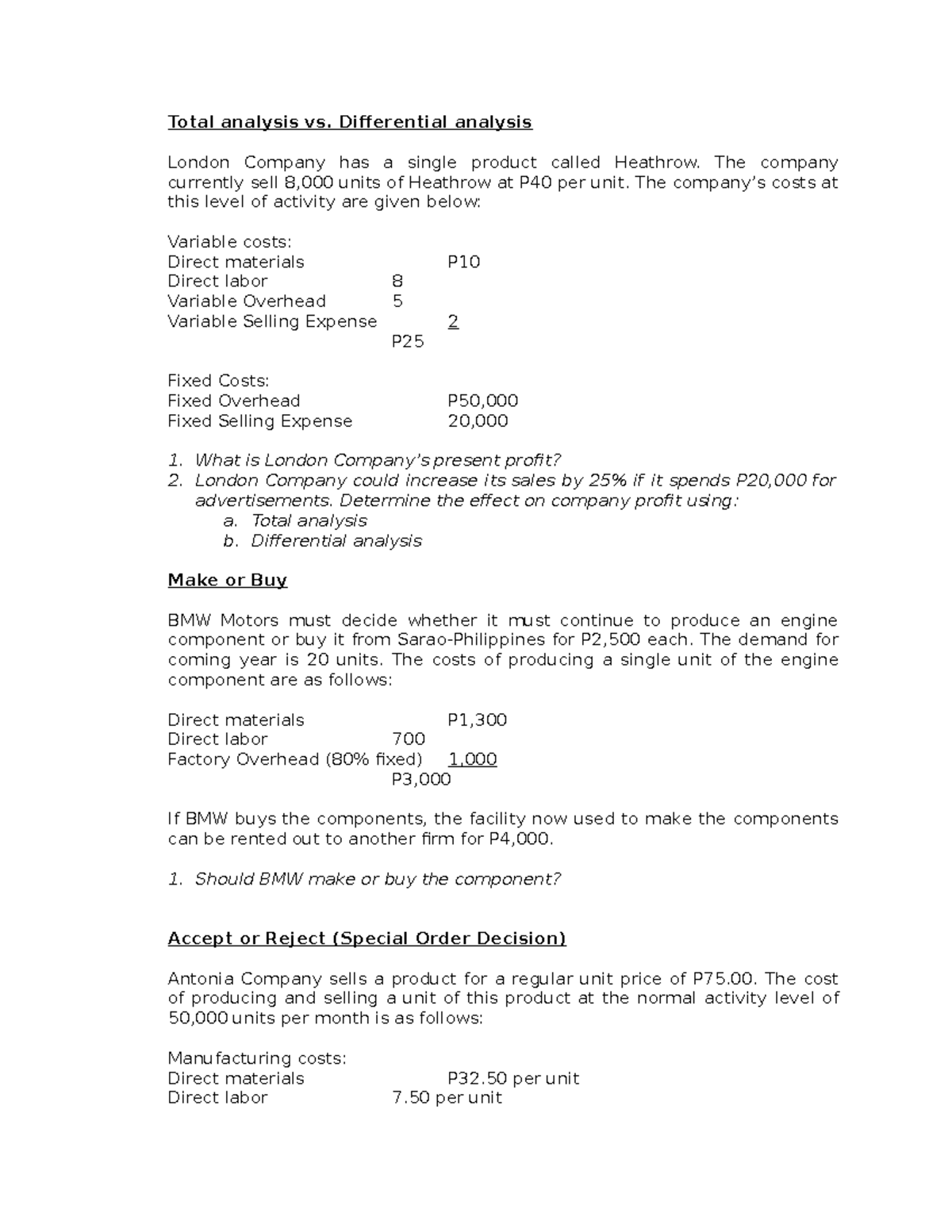 Guide to Relevant Costing Lecture for College Student Total analysis