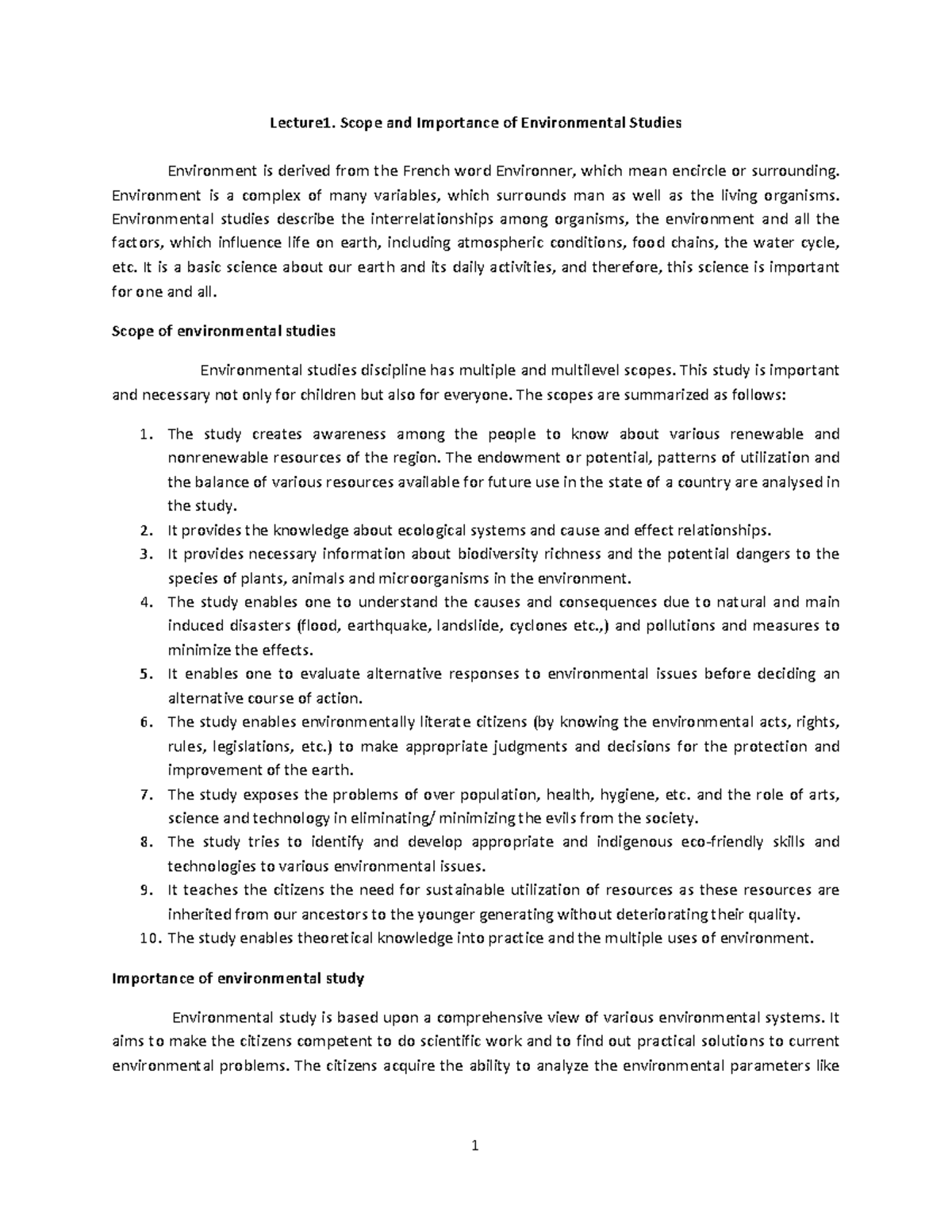 Lec01 Lecture1. Scope and Importance of Environmental Studies