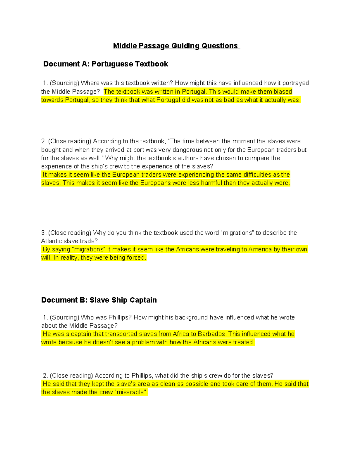 SHEG Slave Trade Questions Middle Passage Guiding Questions Document