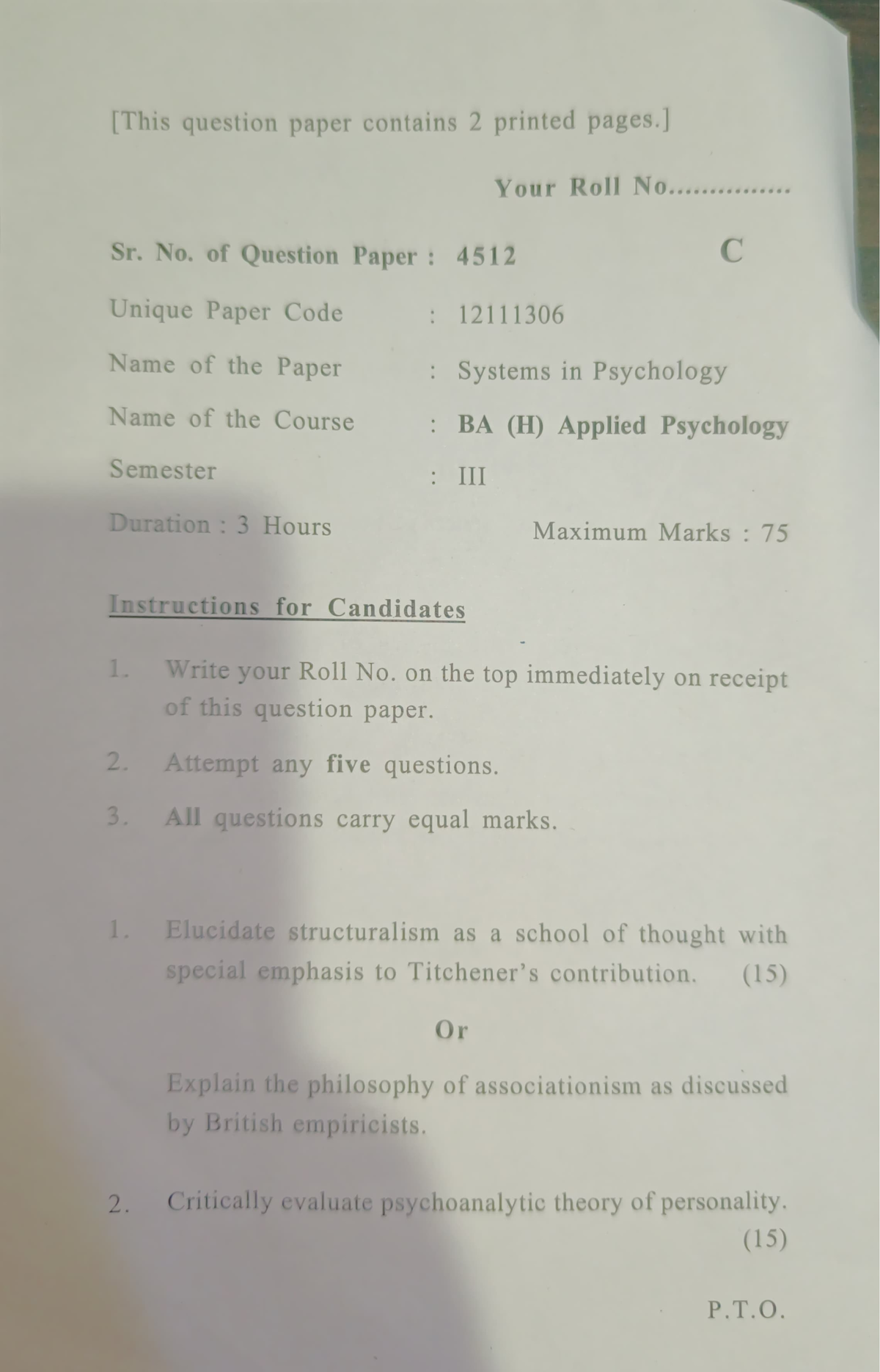 Systems In Psychology - [This Question Paper Contains 2 Printed Pages ...