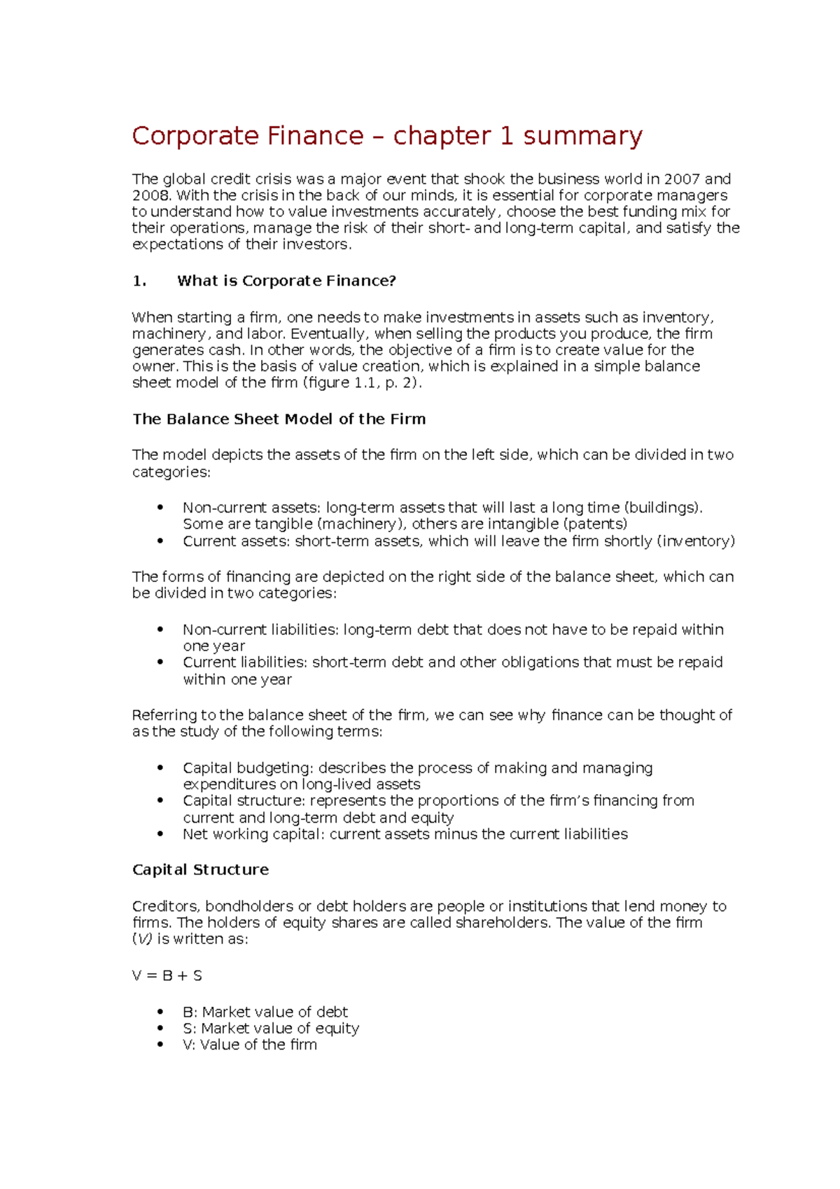 Corporate Finance chapter 1 - Corporate Finance – chapter 1 summary The ...