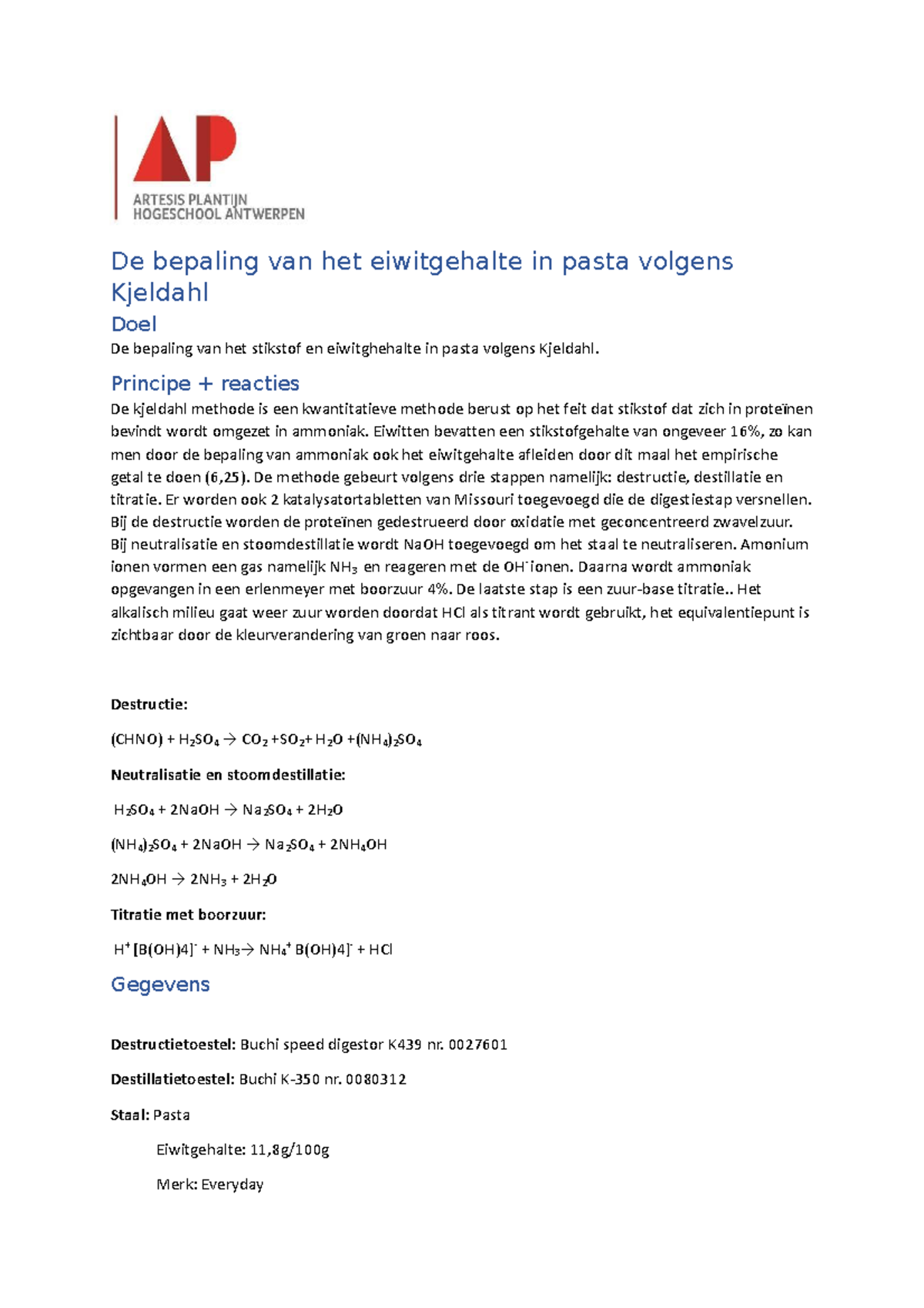Nkjedahlverslag De bepaling van het eiwitgehalte in pasta volgens