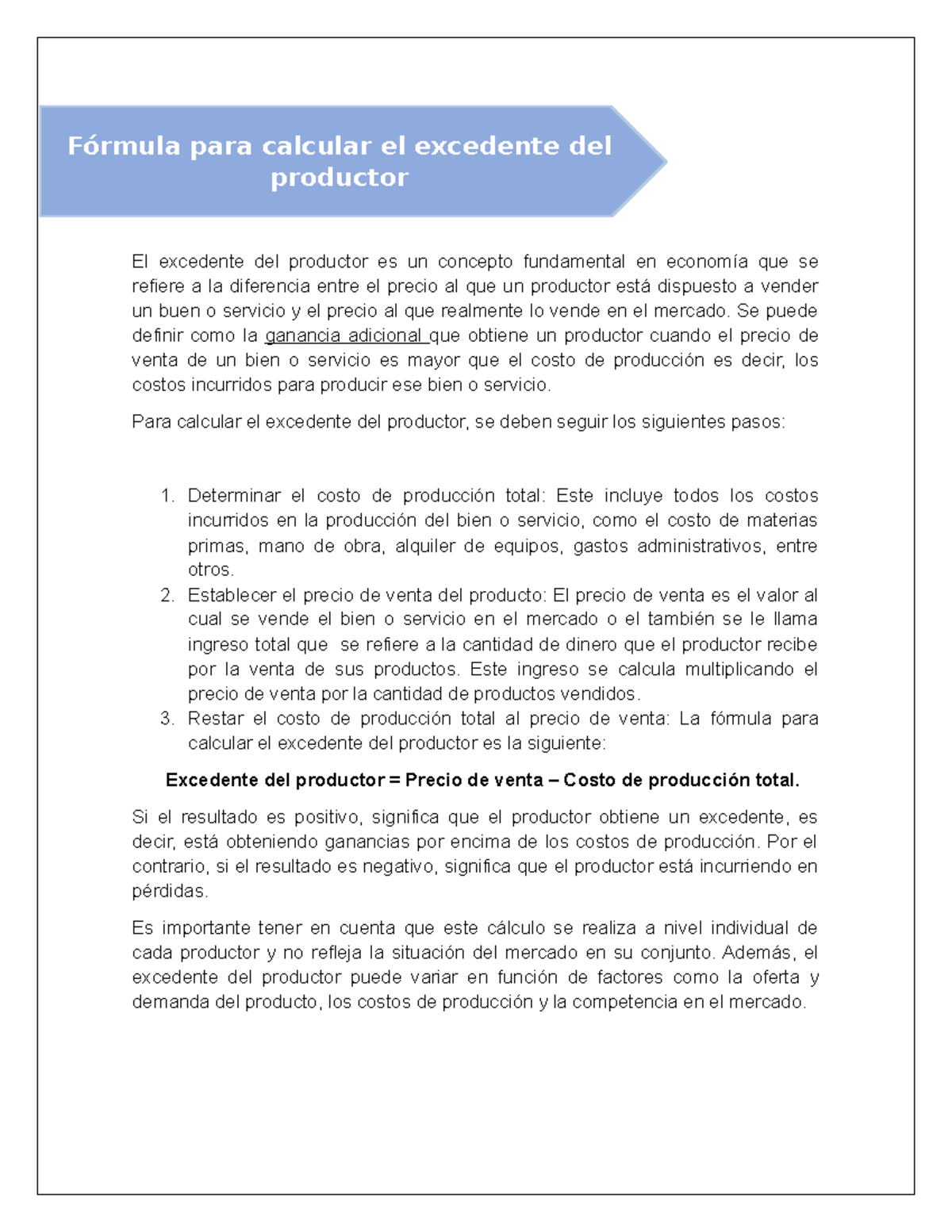 Fórmula para calcular el excedente del productor - El excedente del ...