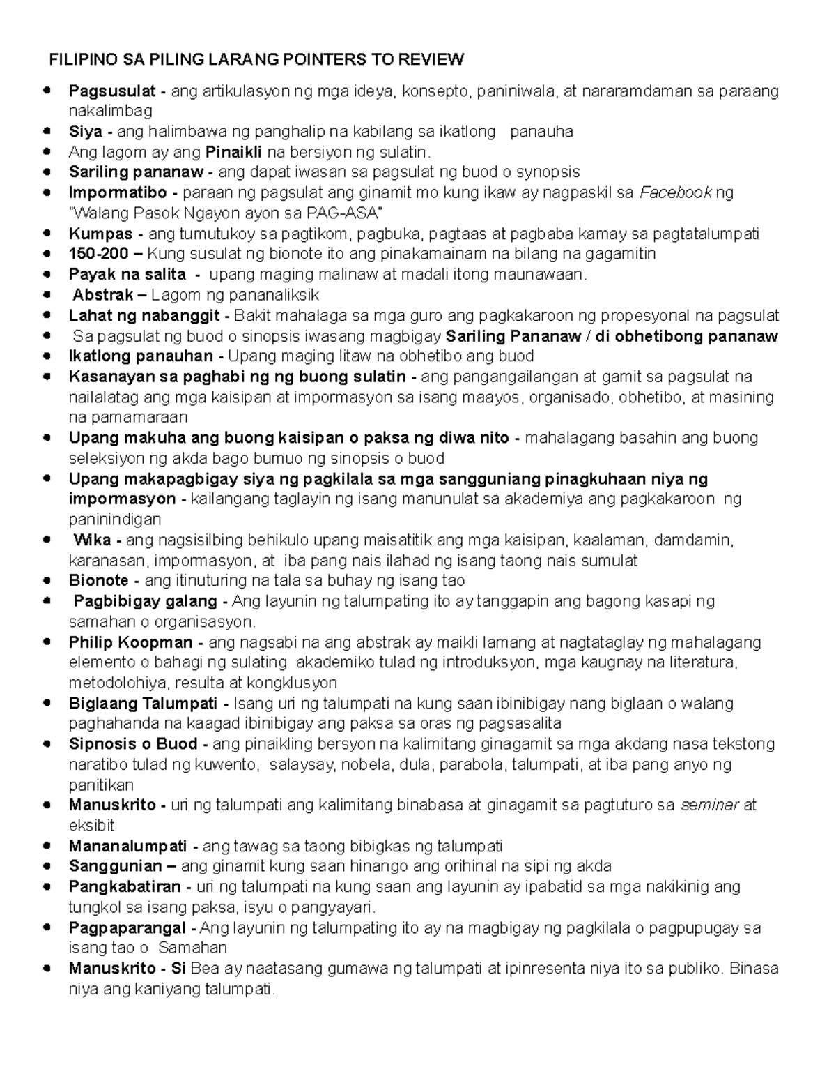 Filipino SA Piling Larang Pointers TO Review - FILIPINO SA PILING ...