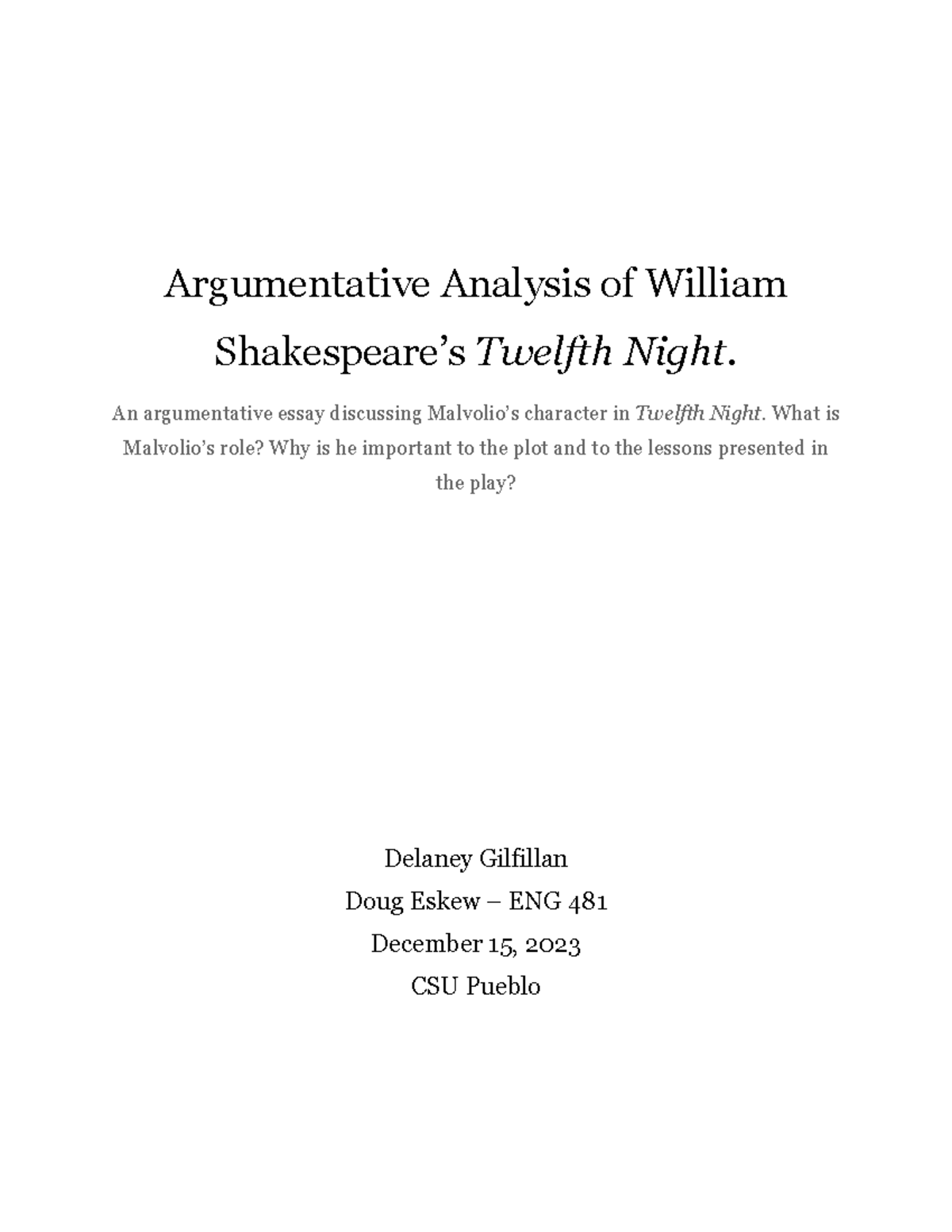 Argumentative Analysis Of Malvolio In William Shakespeare’s Twelfth ...