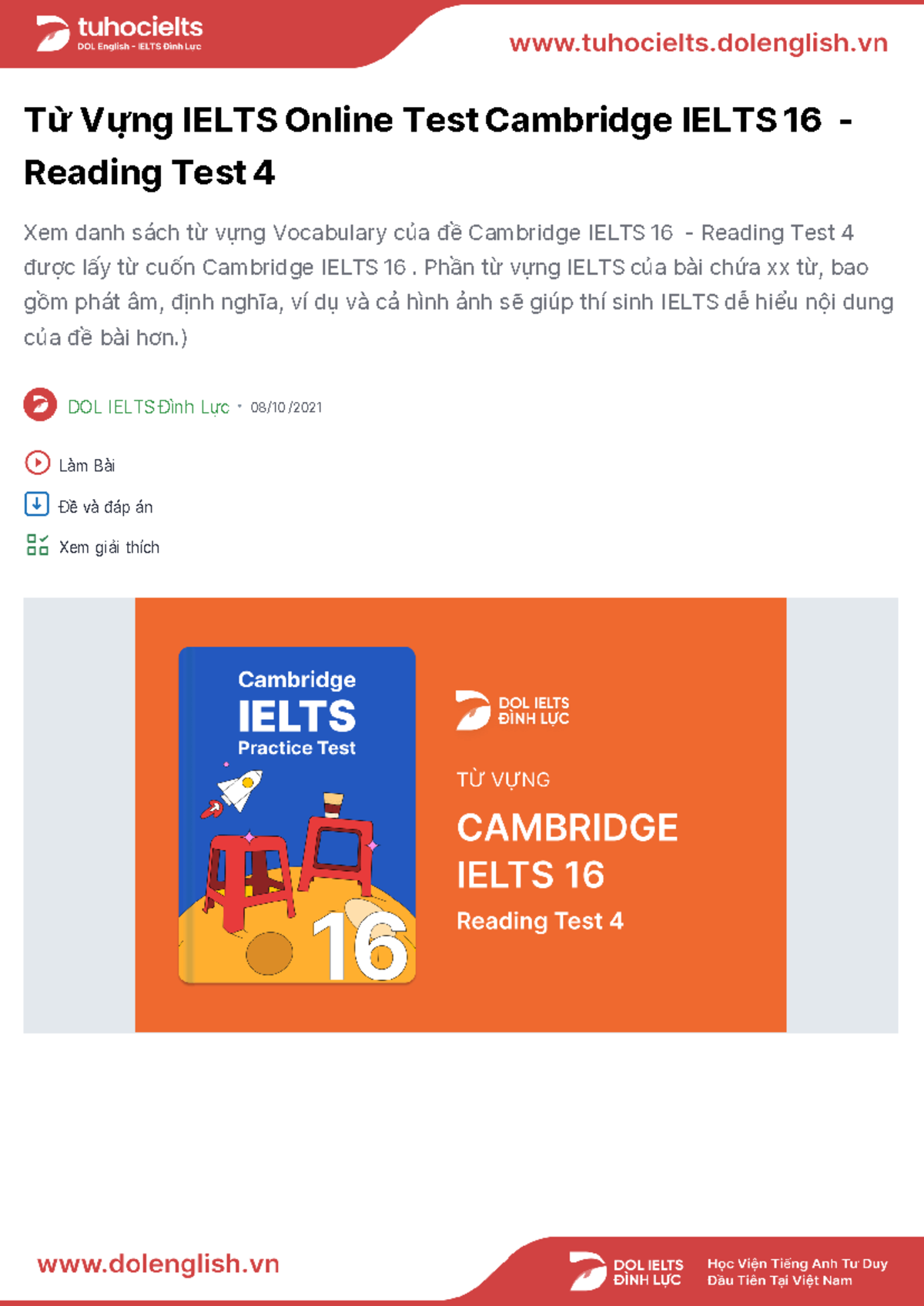 CAM16 - Reading Test 4 - Từ vựng - DOL IELTS Đình Lực Từ Vựng IELTS ...