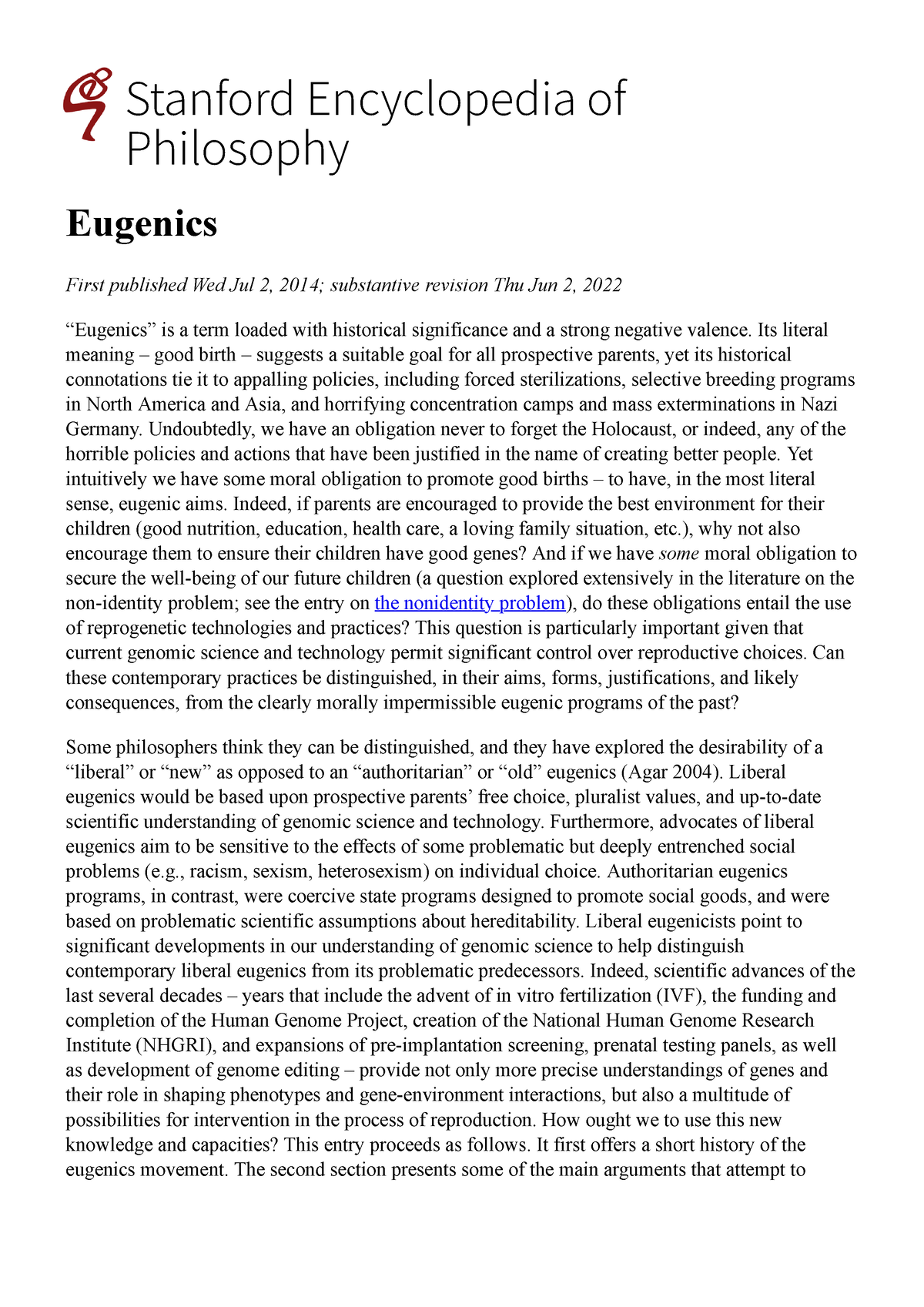 Eugenics (Stanford Encyclopedia Of Philosophy) - Stanford Encyclopedia ...