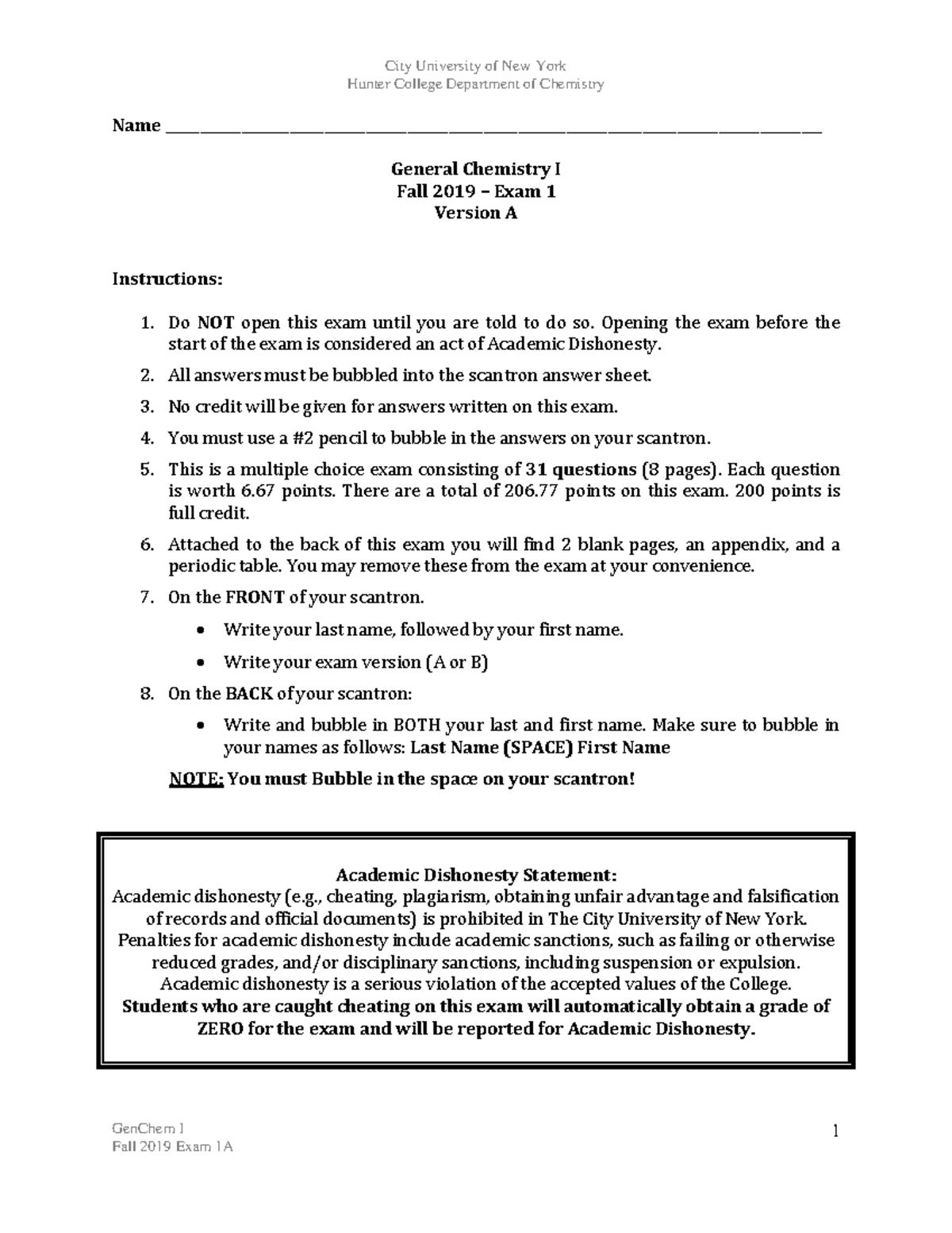 General Chemistry I Fall 2019 Exam 1 - Studocu