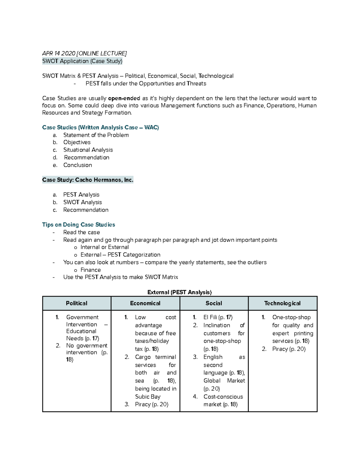 DECSC25 Notes 2 - APR 14 2020 [ONLINE LECTURE] SWOT Application (Case ...