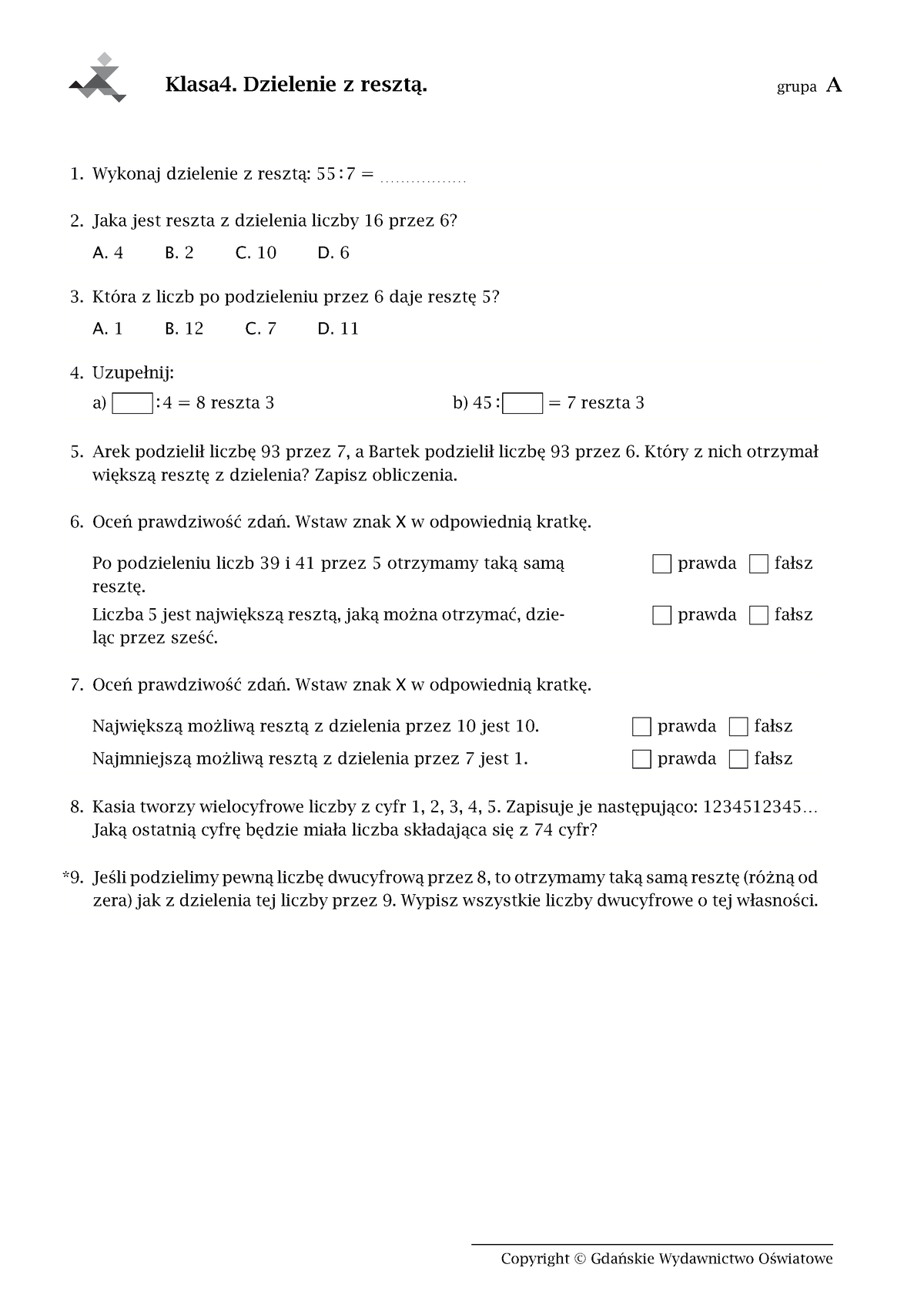 6 Dzielenie Z Resztą Klasa4 Dzielenie Z Resztą Grupa A Wykonaj Dzielenie Z Resztą 55 7 3251