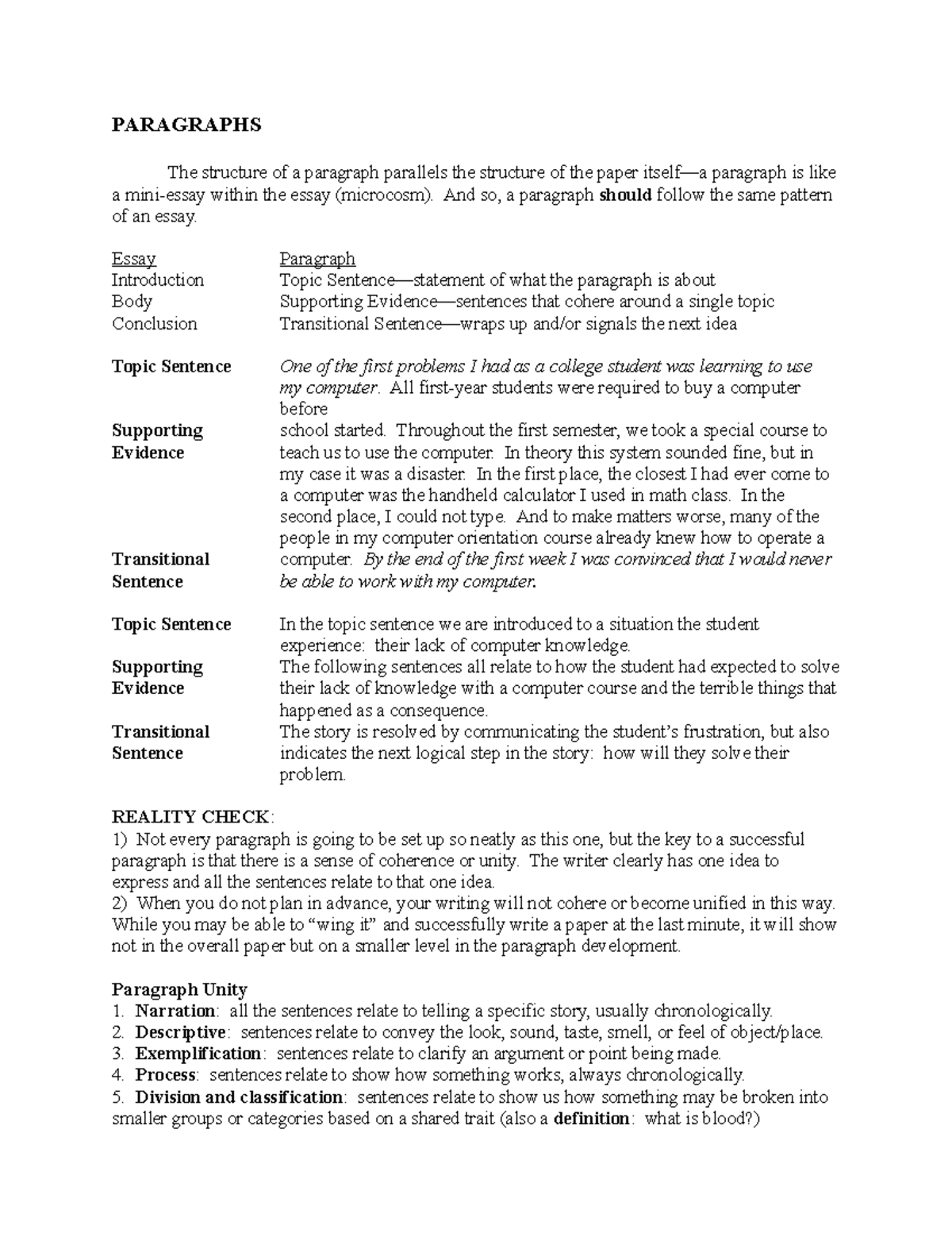 Paragraph Transitions - PARAGRAPHS The structure of a paragraph ...