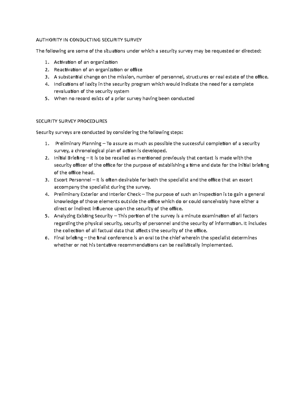 Authority IN Conducting Security Survey AUTHORITY IN CONDUCTING