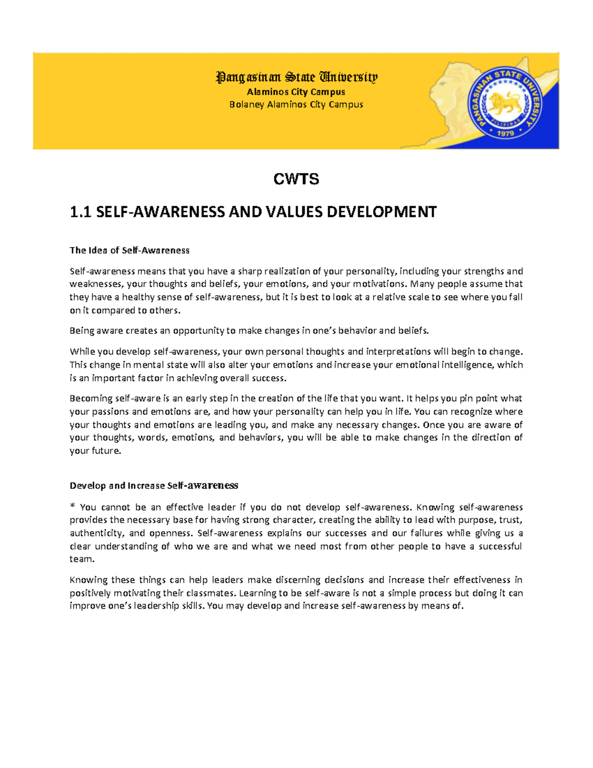 PART 1 SELF Awareness - Nsksms hdid - Alaminos City Campus Bolaney ...