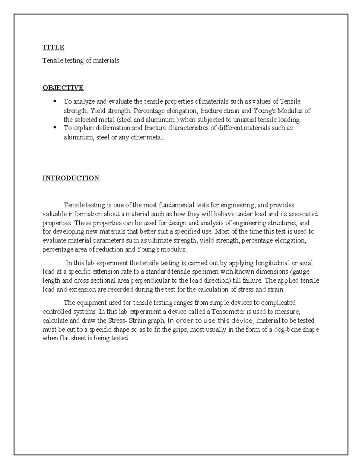 Mechanical mild steel lab-tensile-test-pdf-free - TITLE Tensile testing ...