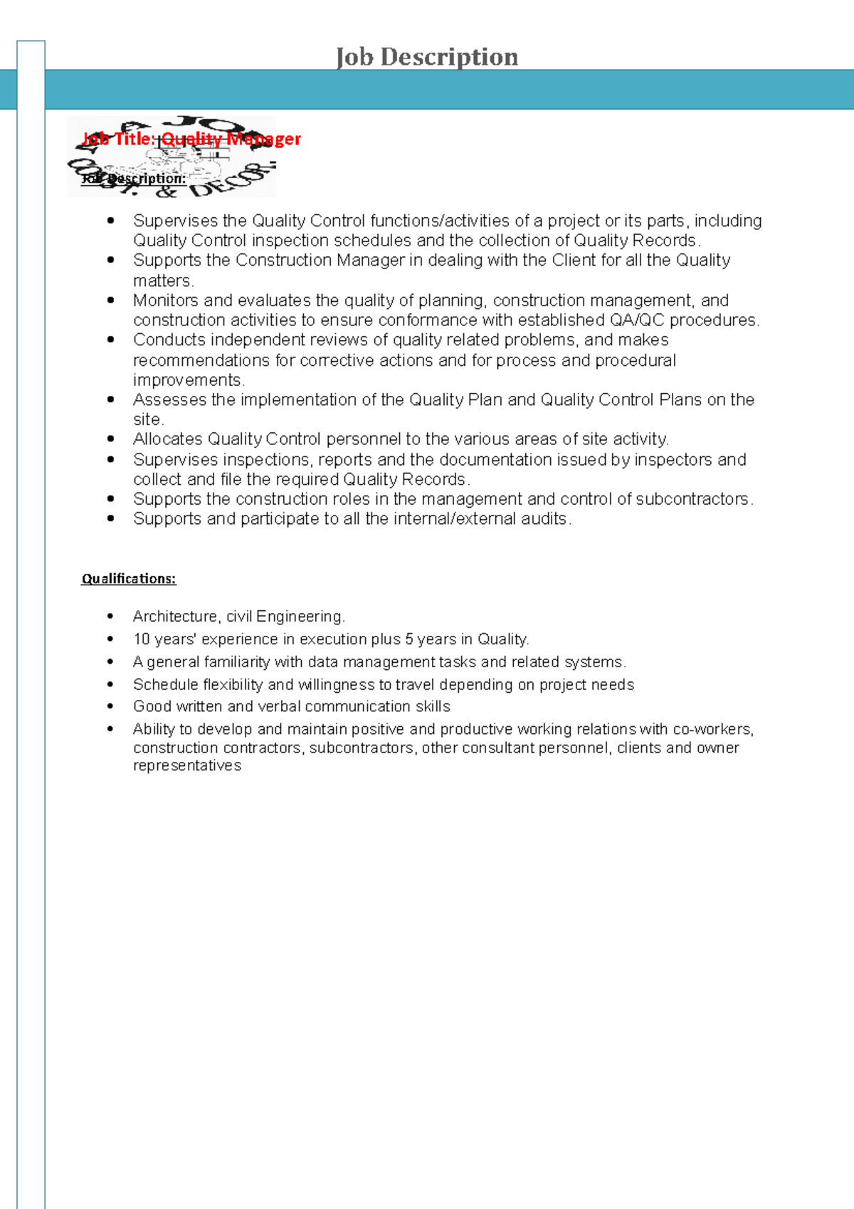 Quality Manager Job Description Job Title Quality Manager Job