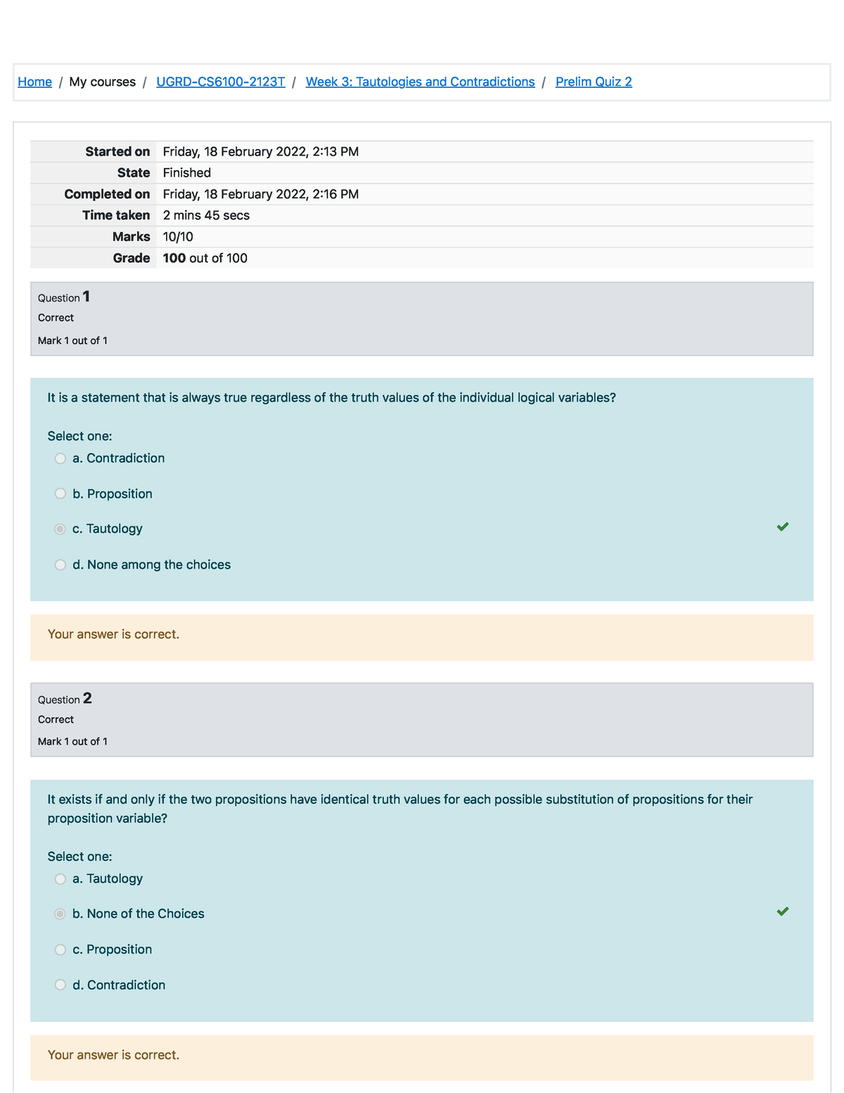 Prelim Quiz 2 Attempt review - Home / My courses / UGRD-CS6100-2123T ...