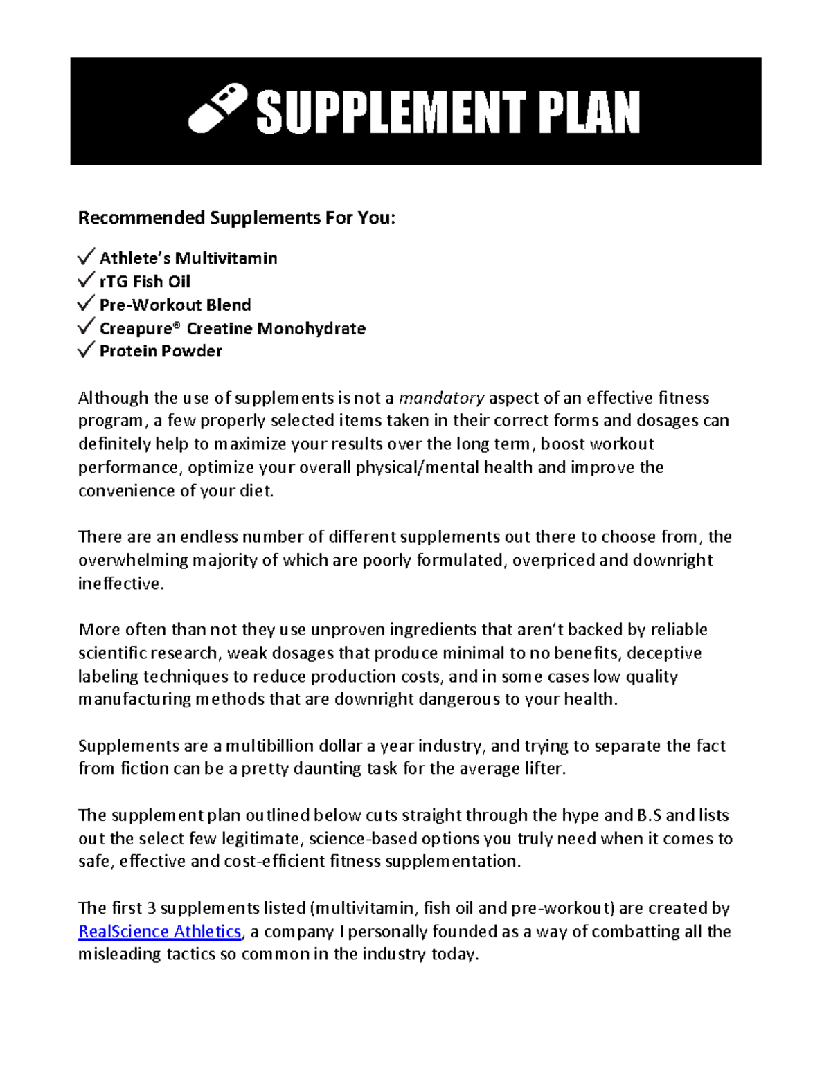 Supplement Plan A guide to complete nutrition SUPPLEMENT PLAN