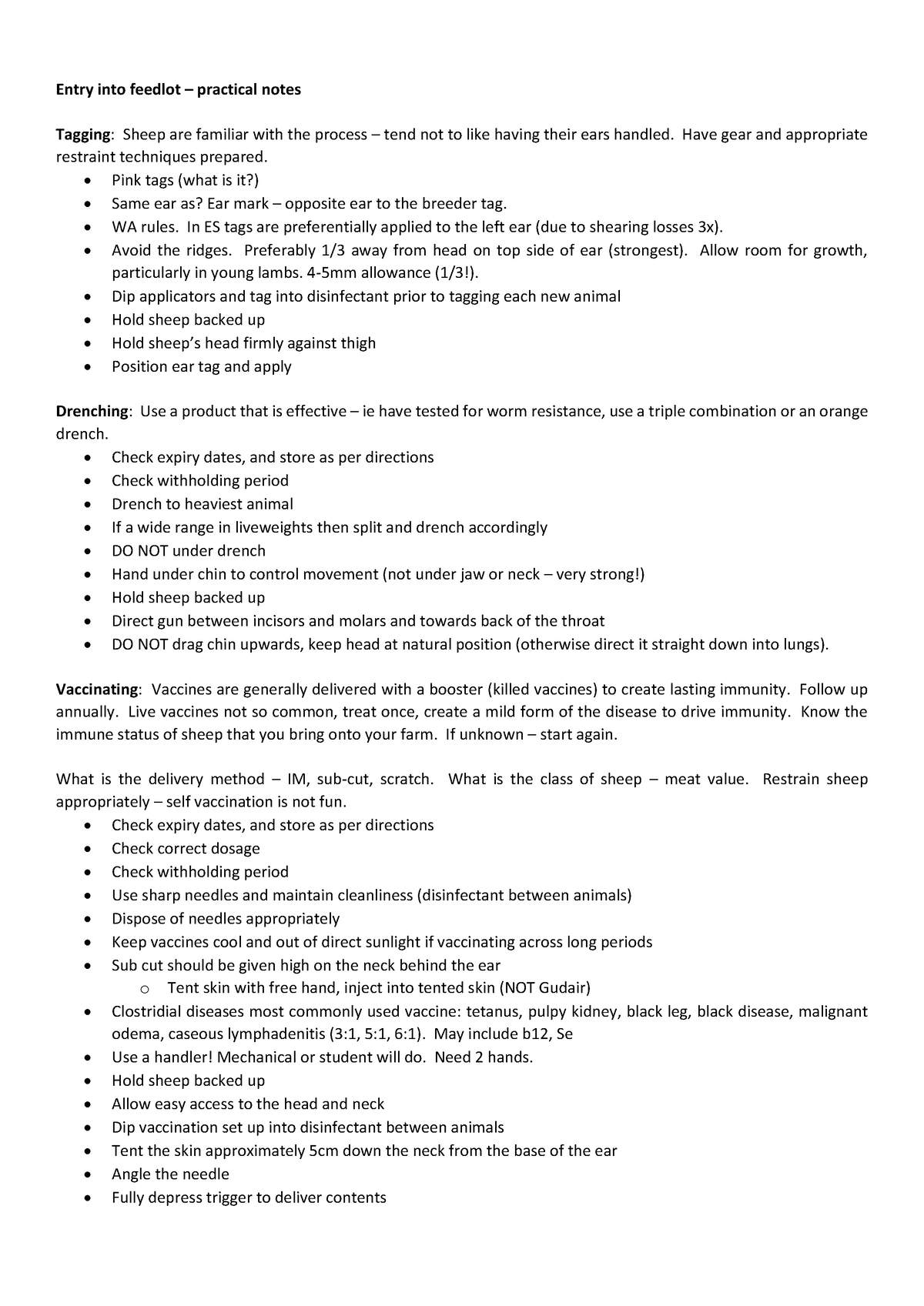 Entry into feedlot - Student prac notes 2020 - Entry into feedlot ...