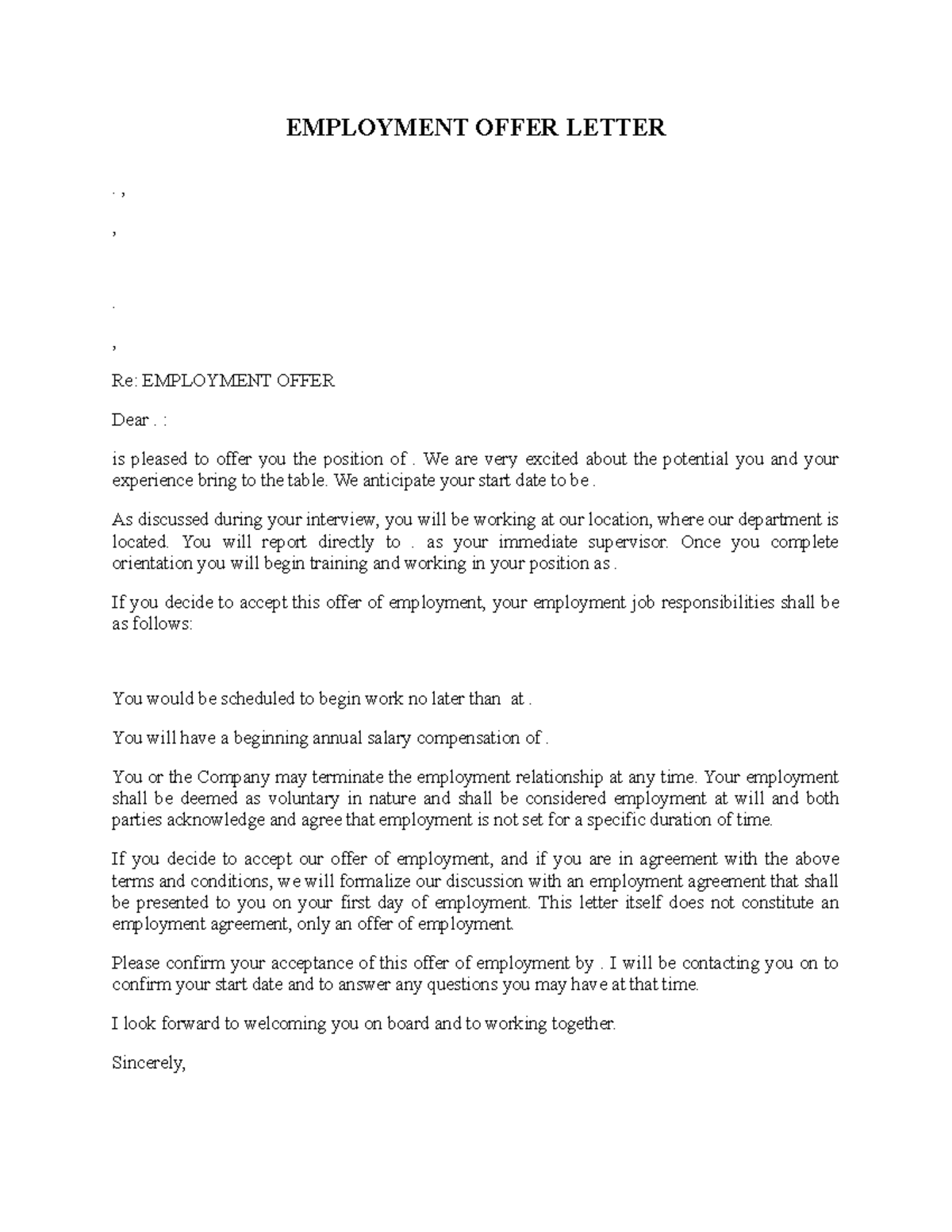 Employment-offer-letter FREE - EMPLOYMENT OFFER LETTER . , , . , Re ...