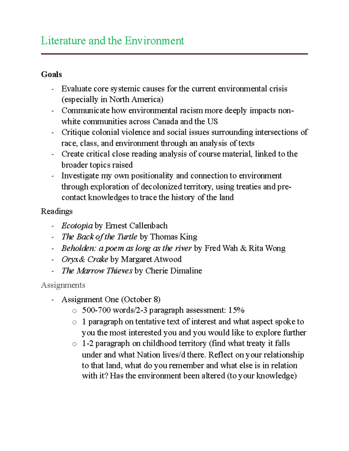 Literature and Environment Lecture notes teaching fellow - Literature ...