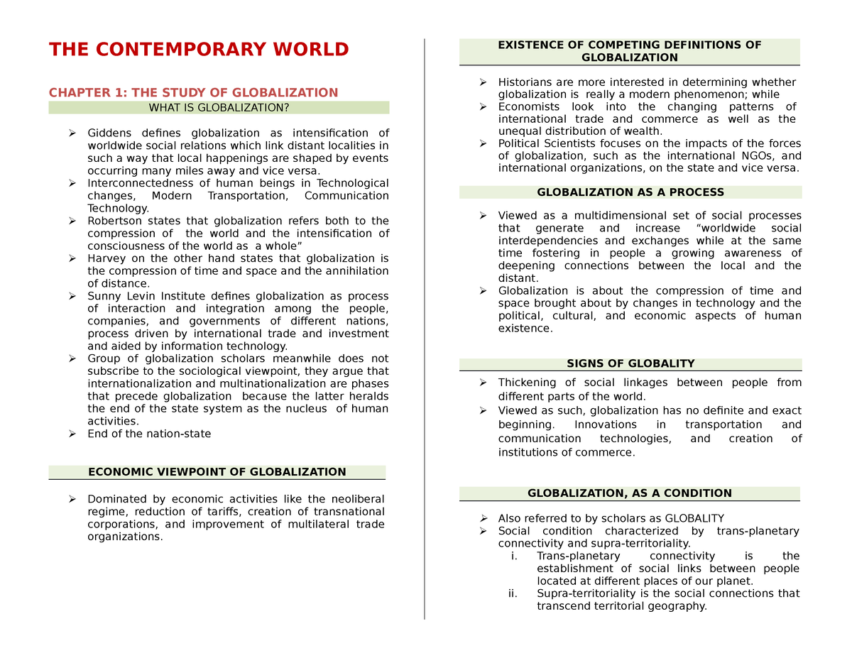 THE Contemporary World - THE CONTEMPORARY WORLD CHAPTER 1: THE STUDY OF ...