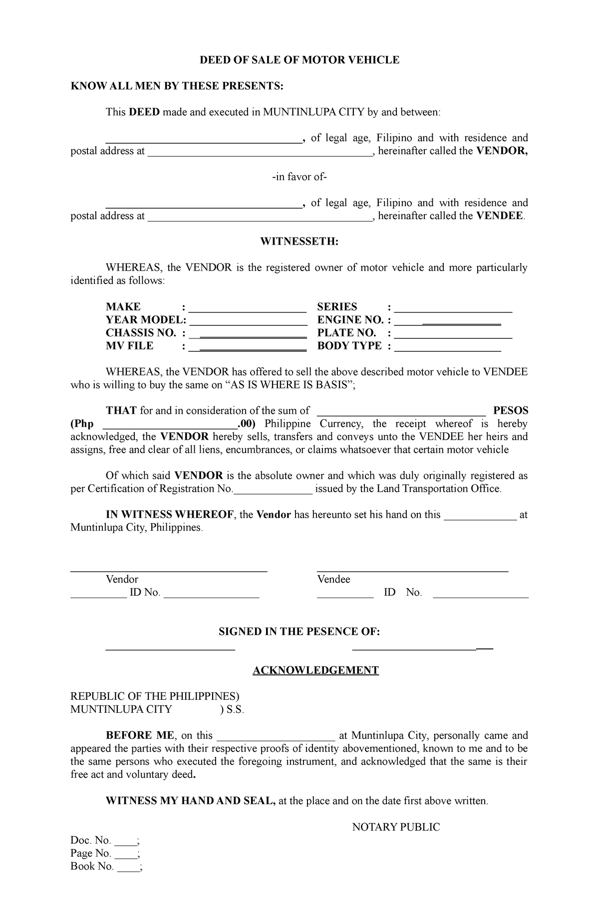 DEED OF SALE OF Motor Vehicle blank form updated - DEED OF SALE OF ...