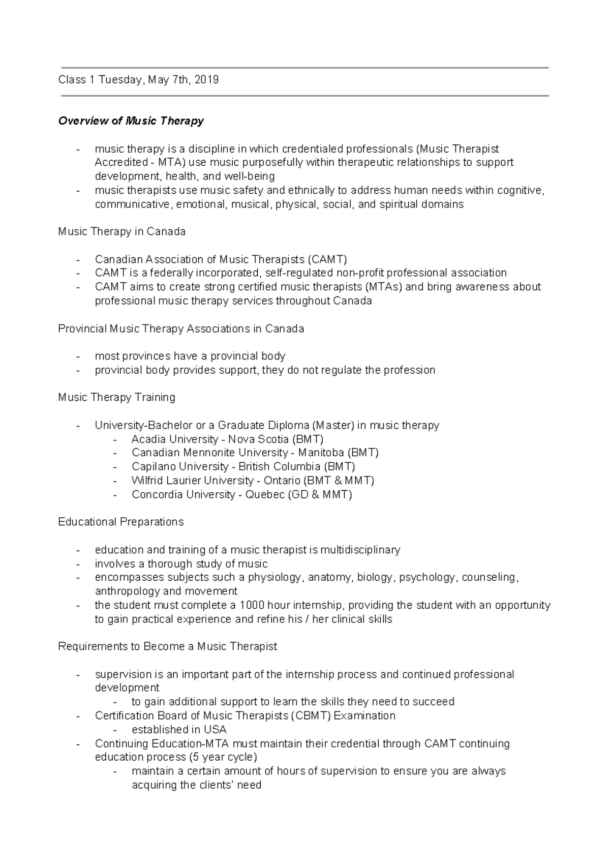 Music Therapy 2MT3 Lecture Notes - Class 1 Tuesday, May 7th, 2019 ...