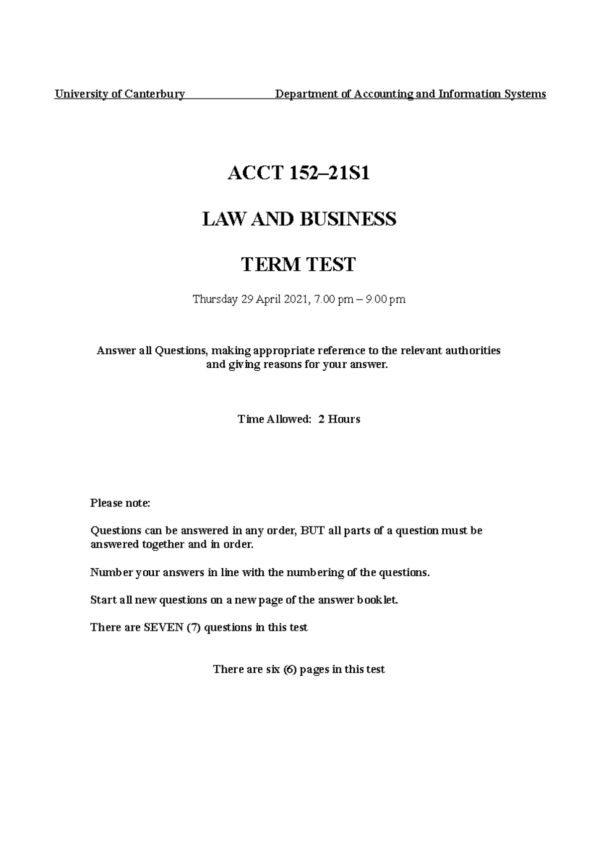 ACCT15221S1 Test Mid term test Law and Business UCNZ Studocu