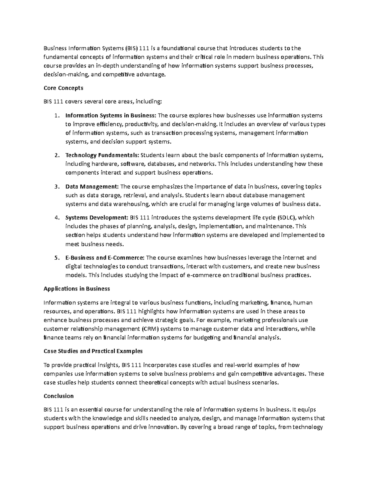 notes chapter 2 - Business Information Systems (BIS) 111 is a ...
