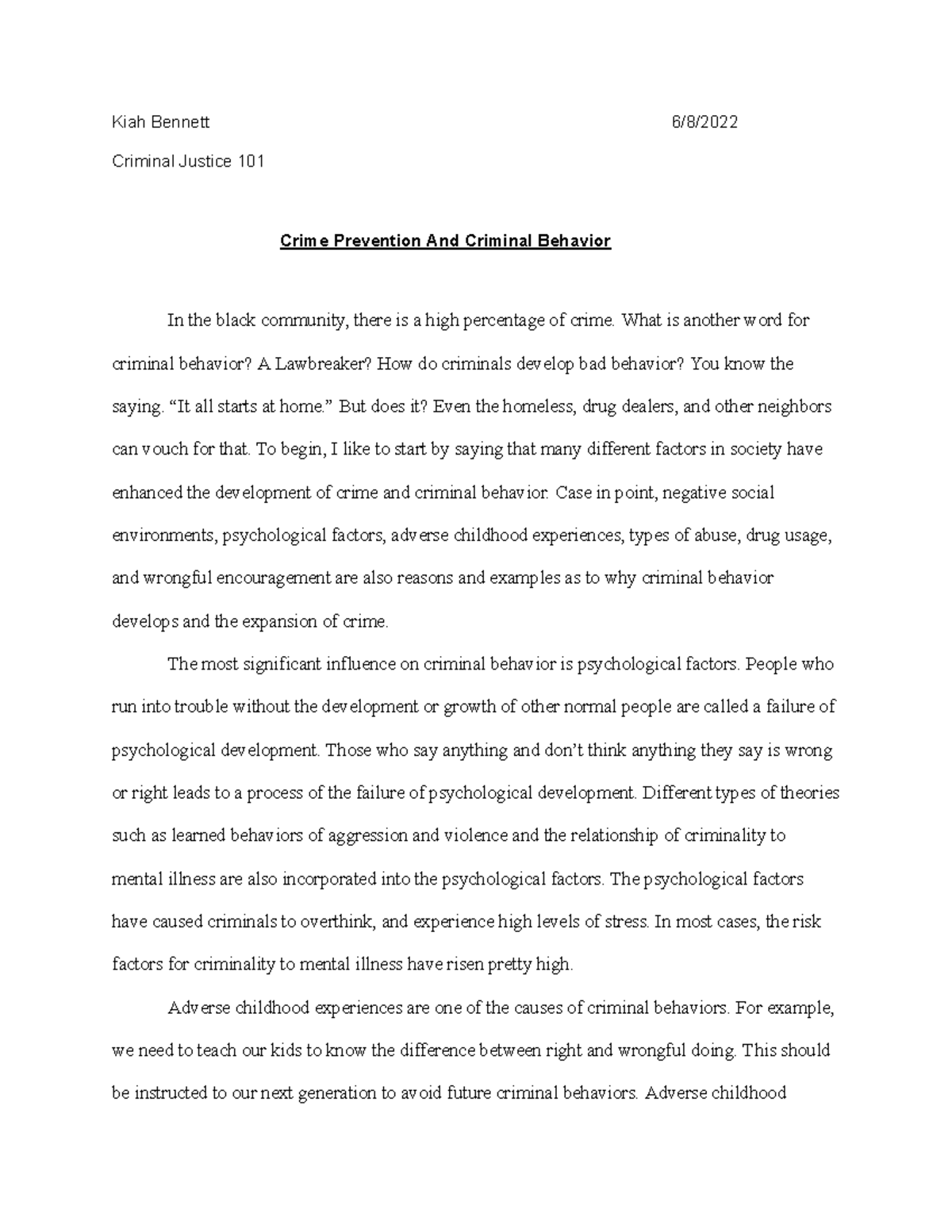 Crime Prevention Human Development Kiah Bennett 6 8 Criminal
