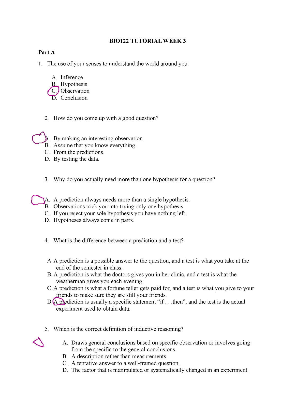 BIO122 Tutorial WEEK 3 Answer - BIO122 TUTORIAL WEEK 3 Part A 1. The ...