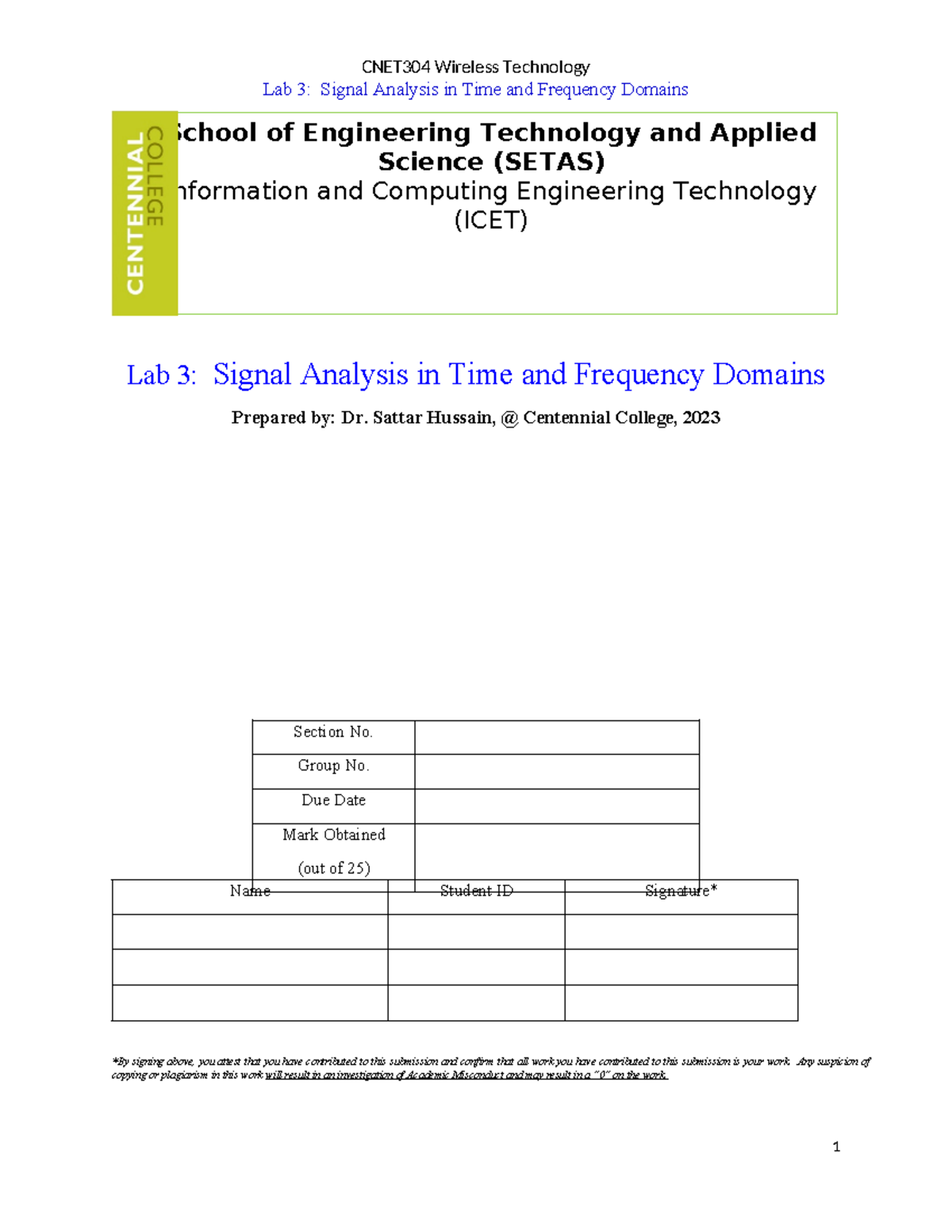 CNET304 Lab 3 Signal Analysis in Time and Frequency Domains - Lab 3 ...