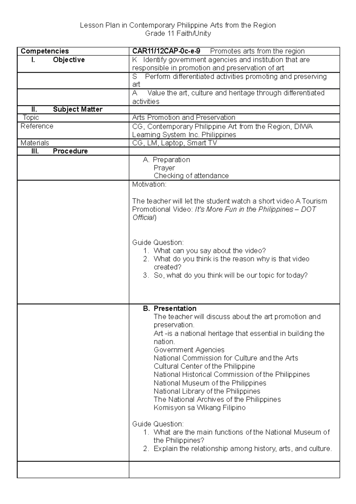 Lesson plan in contemporary philippine arts from the region - Lesson ...