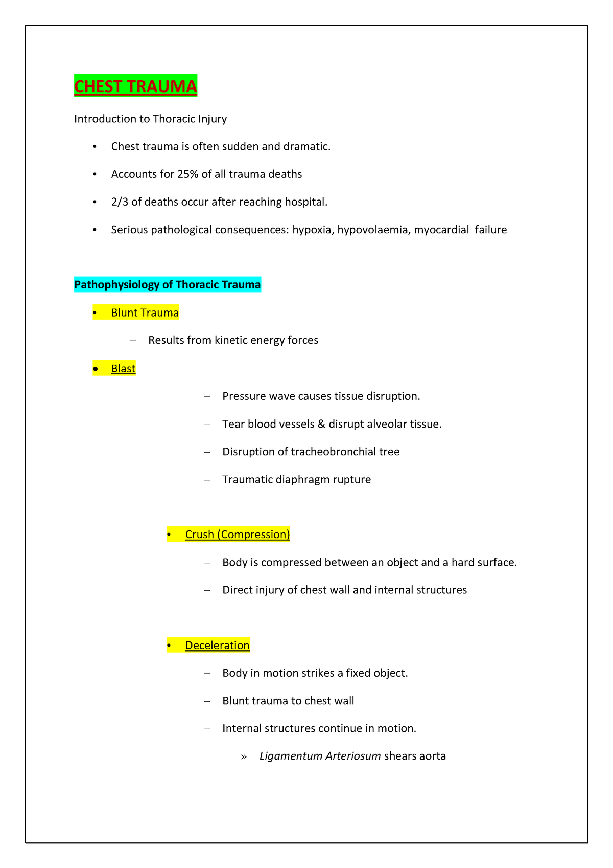 Chest trauma - Lecture notes - CHEST TRAUMA Introduction to Thoracic ...