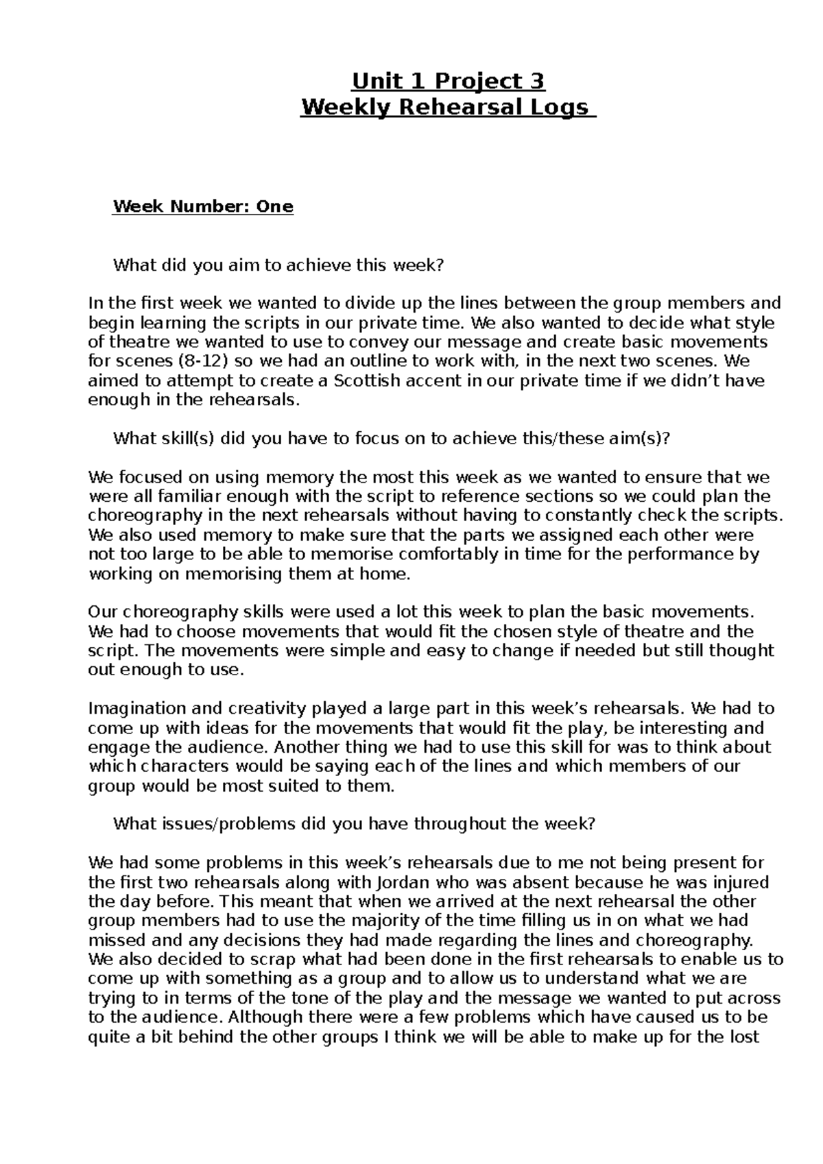 14 Blackout Project 3 Weekly Rehearsal Log One - Unit 1 Project 3 ...