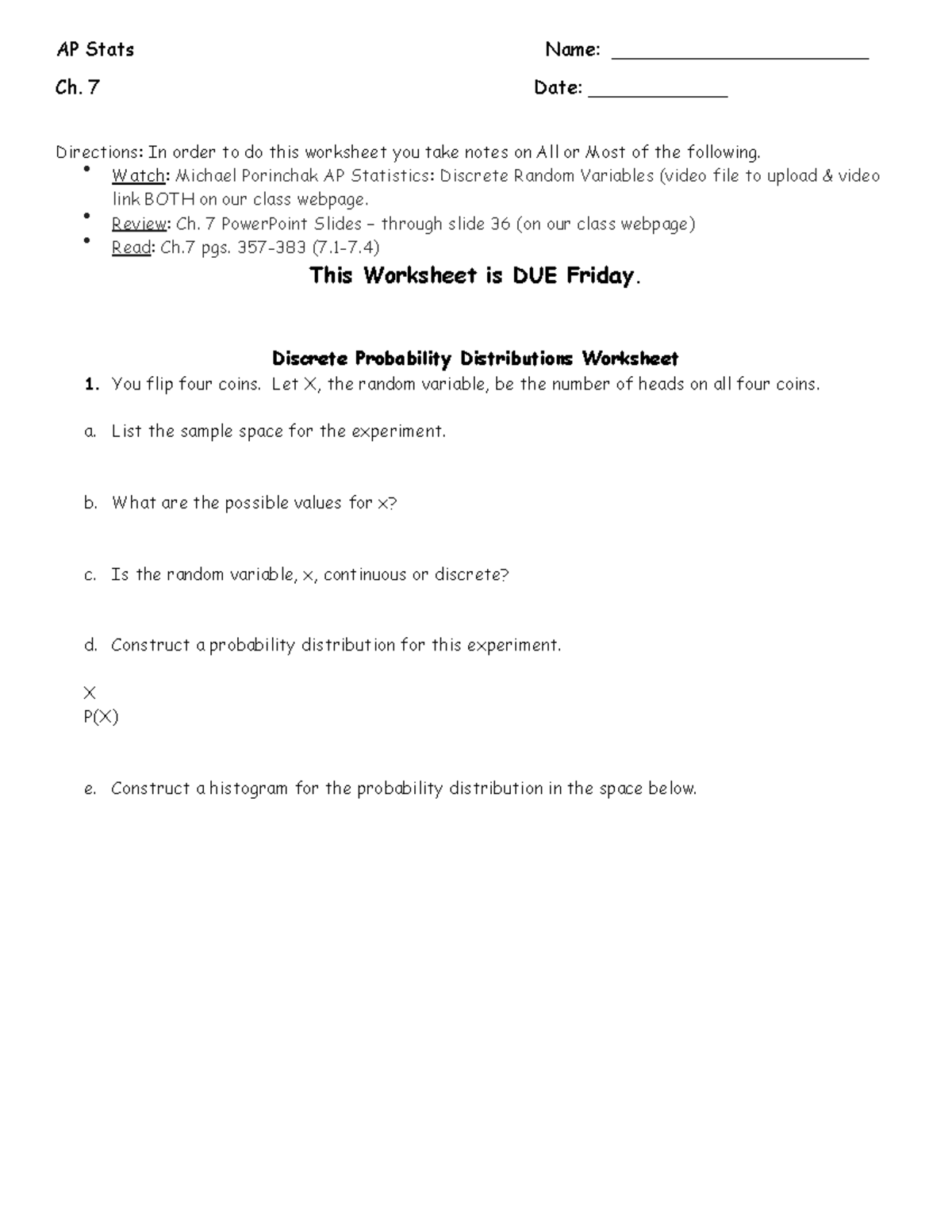 Discrete Probability Distributions Worksheet 2 - AP Stats Name ...