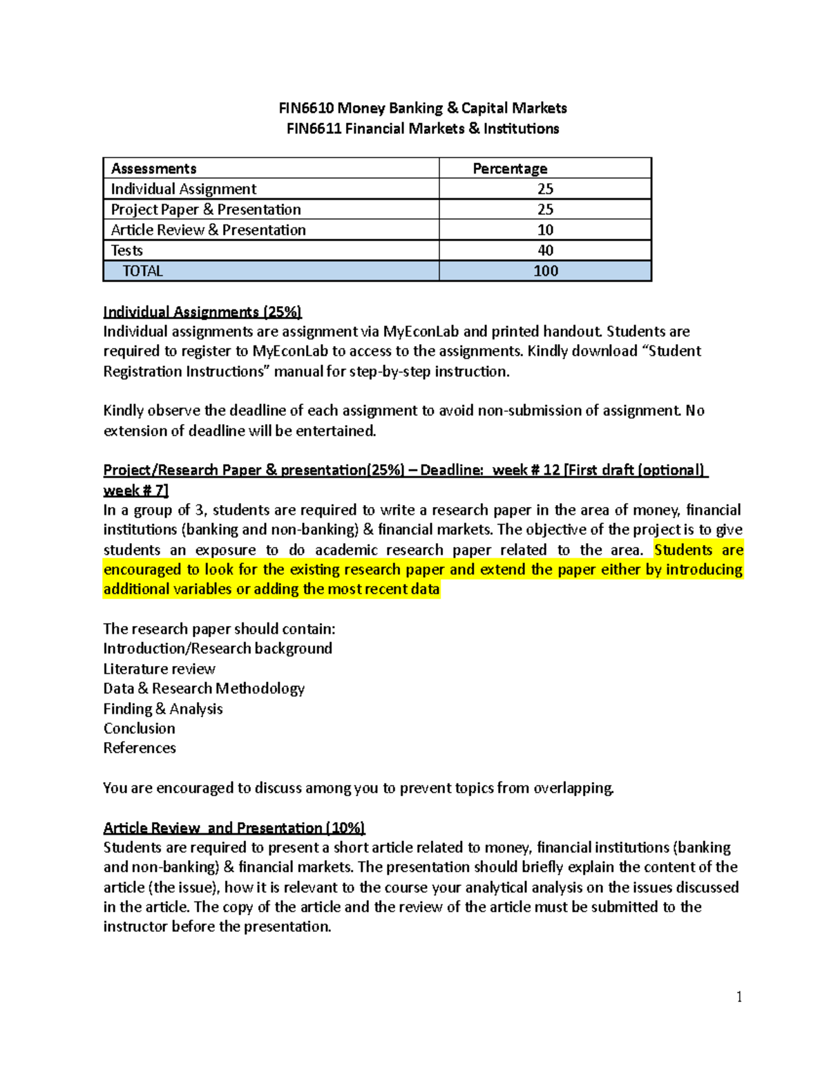 Course Assessment Details SEM 1 2018-2019 - FIN6610 Money Banking ...