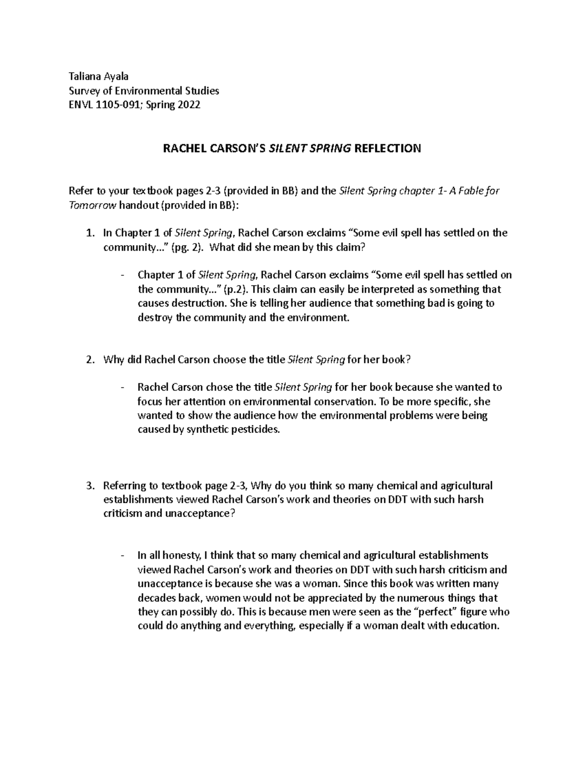 Silent Spring Reflection - Taliana Ayala Survey of Environmental ...