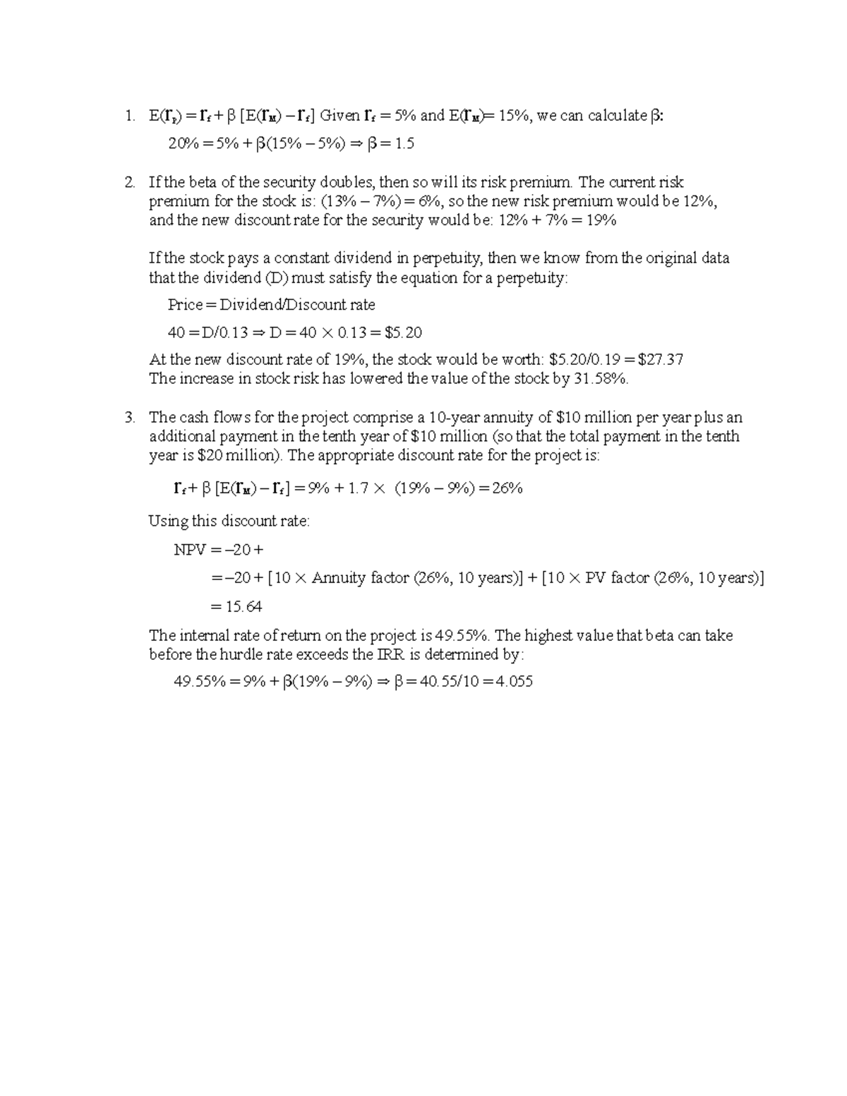 Chapter 7 Answer - 1 - 1. E(rp) = rf + β [E(rM) – rf ] Given rf = 5% ...