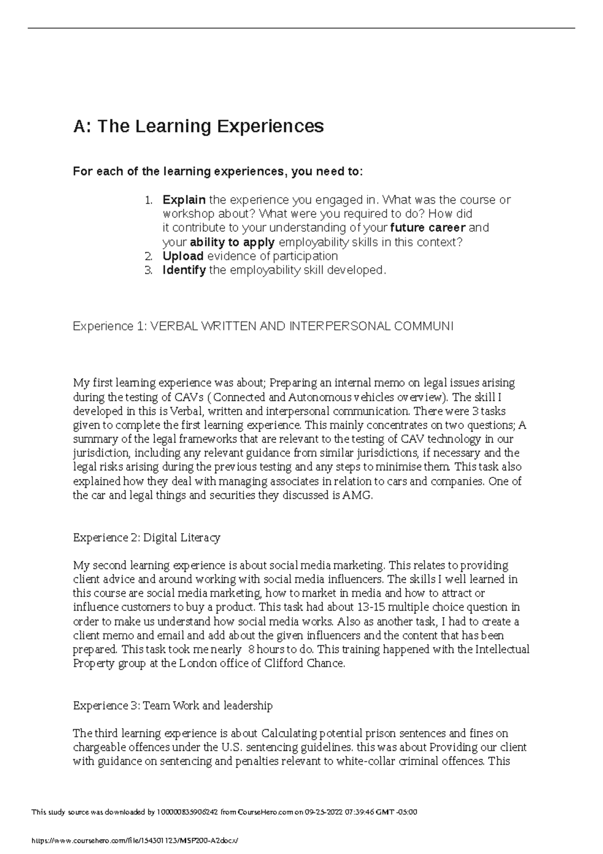 MSP200 A2 - assessment 2 - Ass A: The Learning Experiences For each of ...